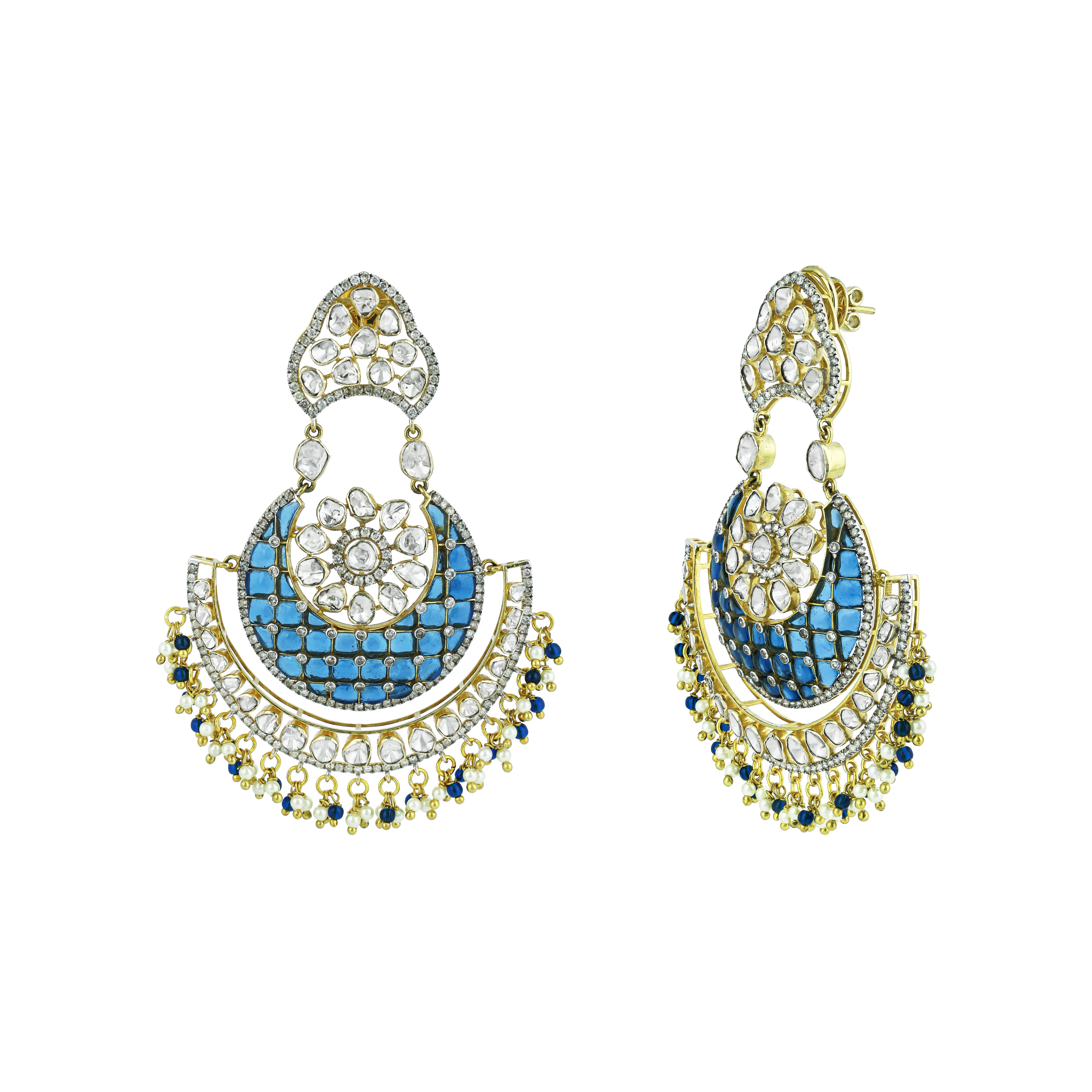 Crescent Chandbali Earrings with Polki, Blue Talaf, and Beads