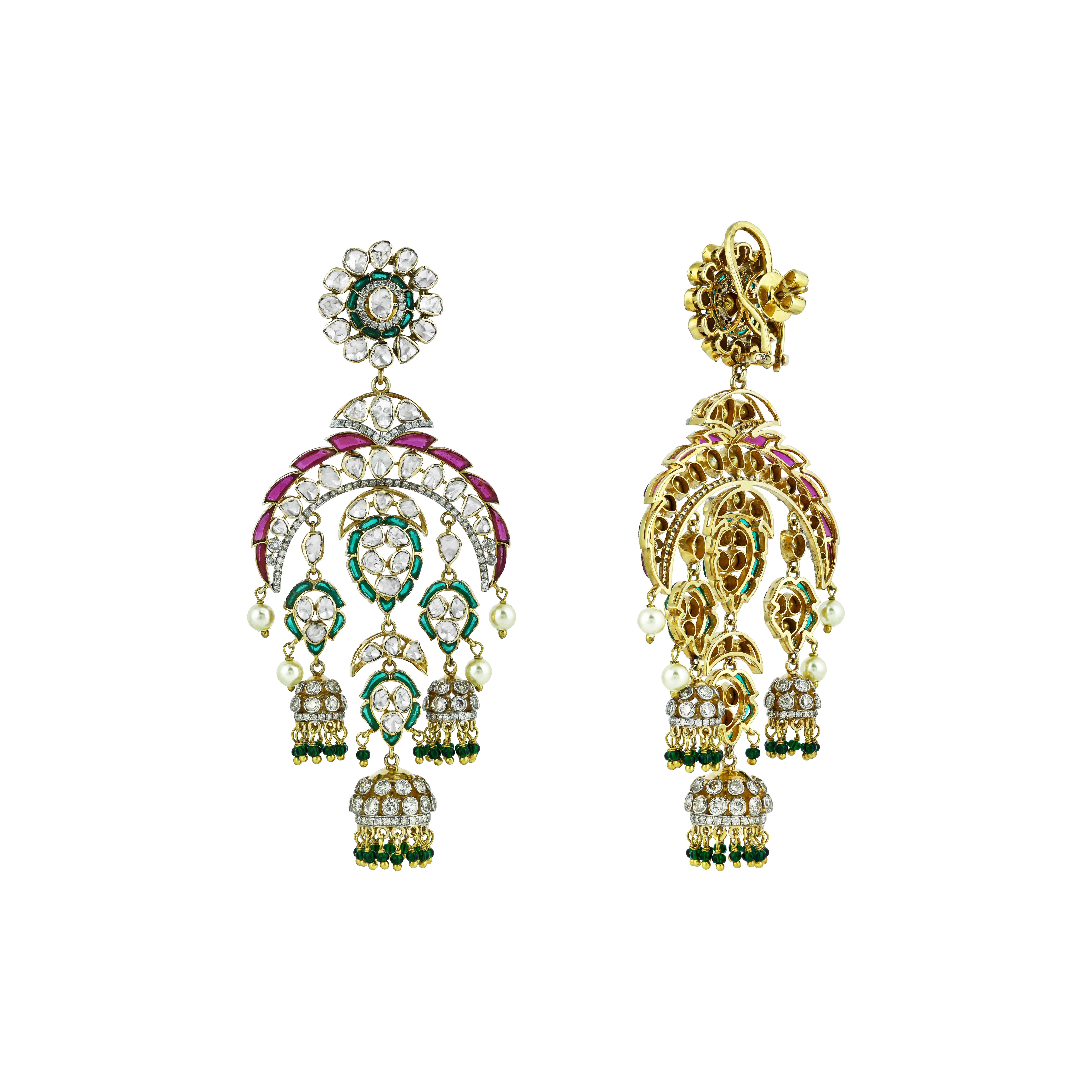 Polki Earrings with Green and Red Talafs, Pearl, and Tri-Jhumka Drops