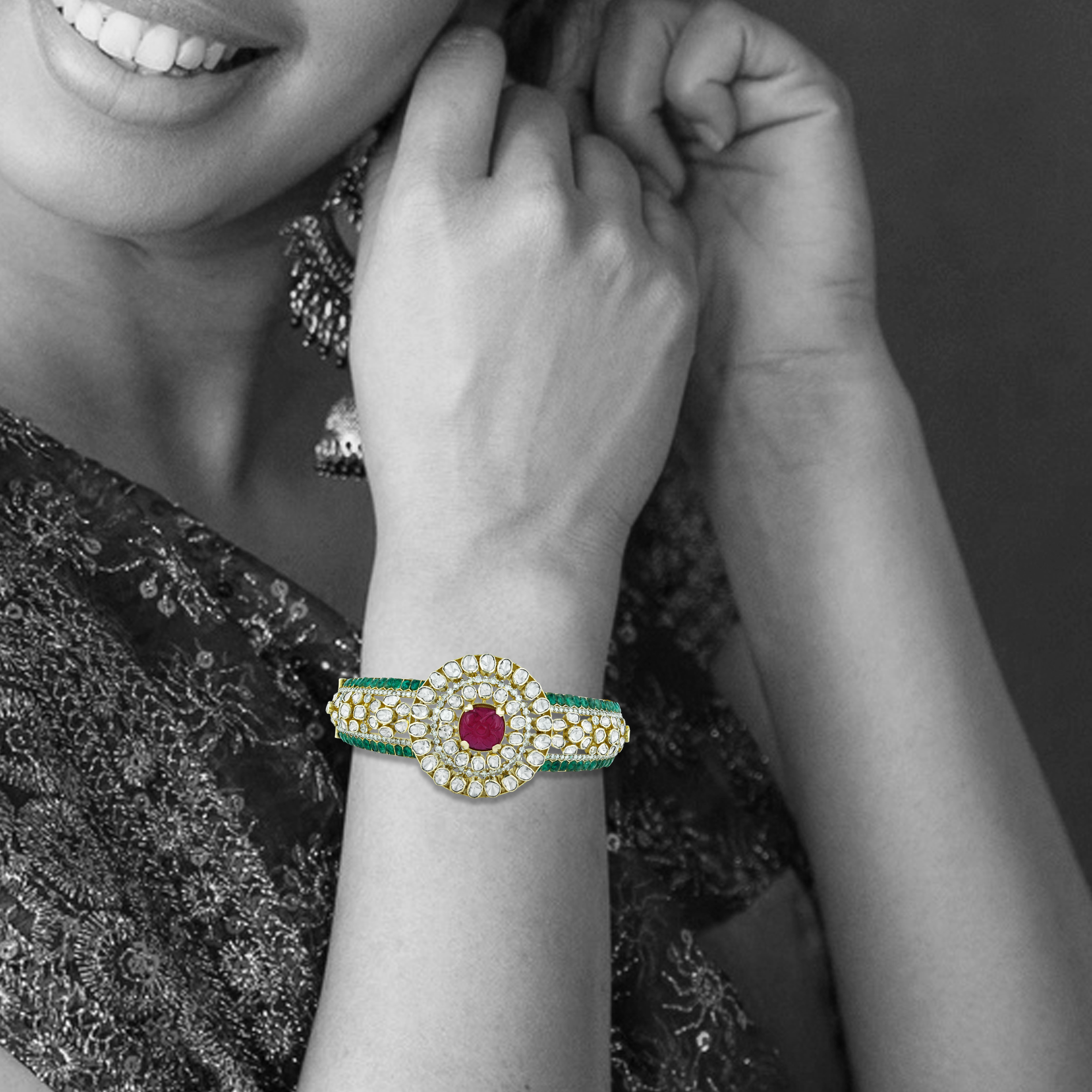 Polki Bangle with Carved Red Stone, Emerald Talafs and Latticework