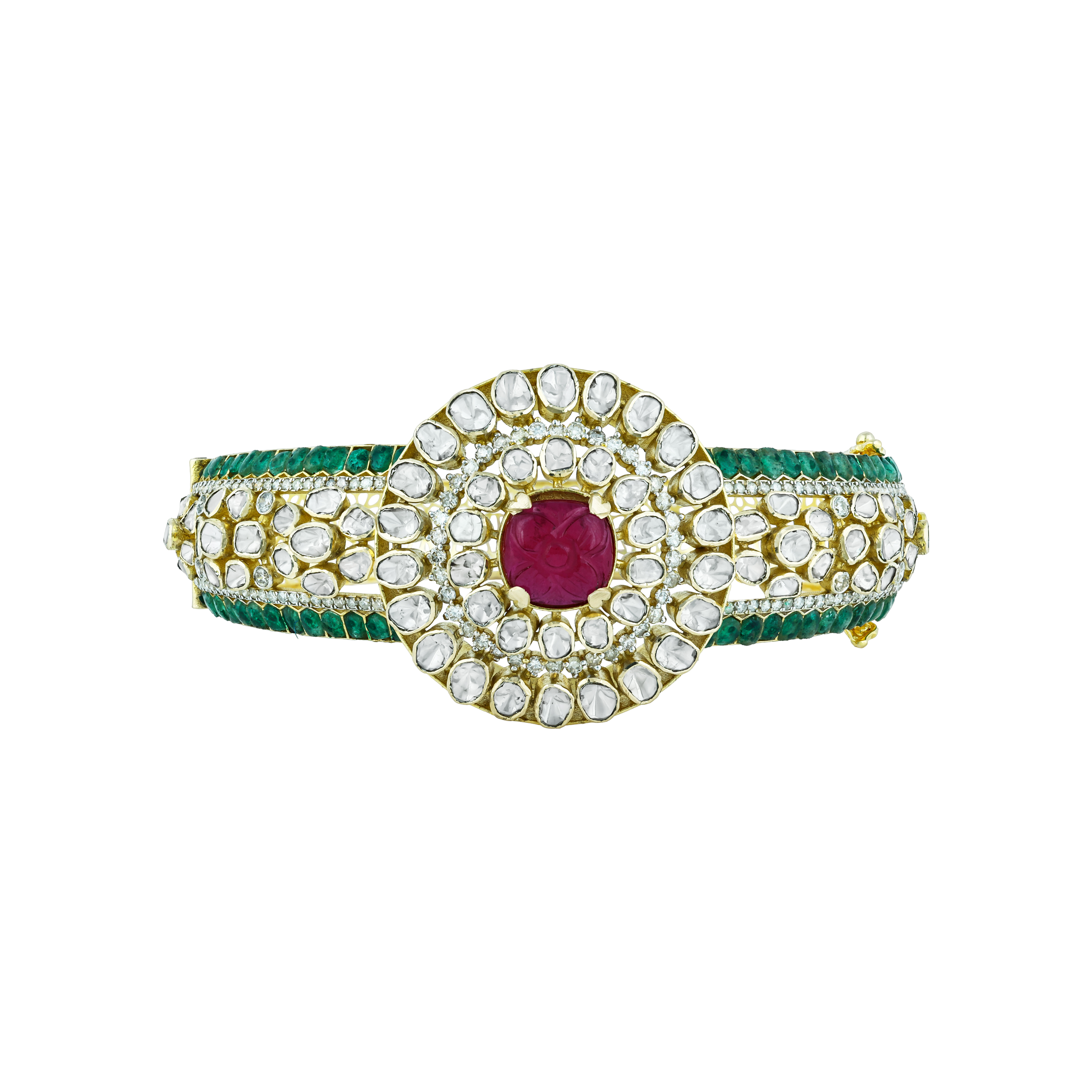 Polki Bangle with Carved Red Stone, Emerald Talafs and Latticework
