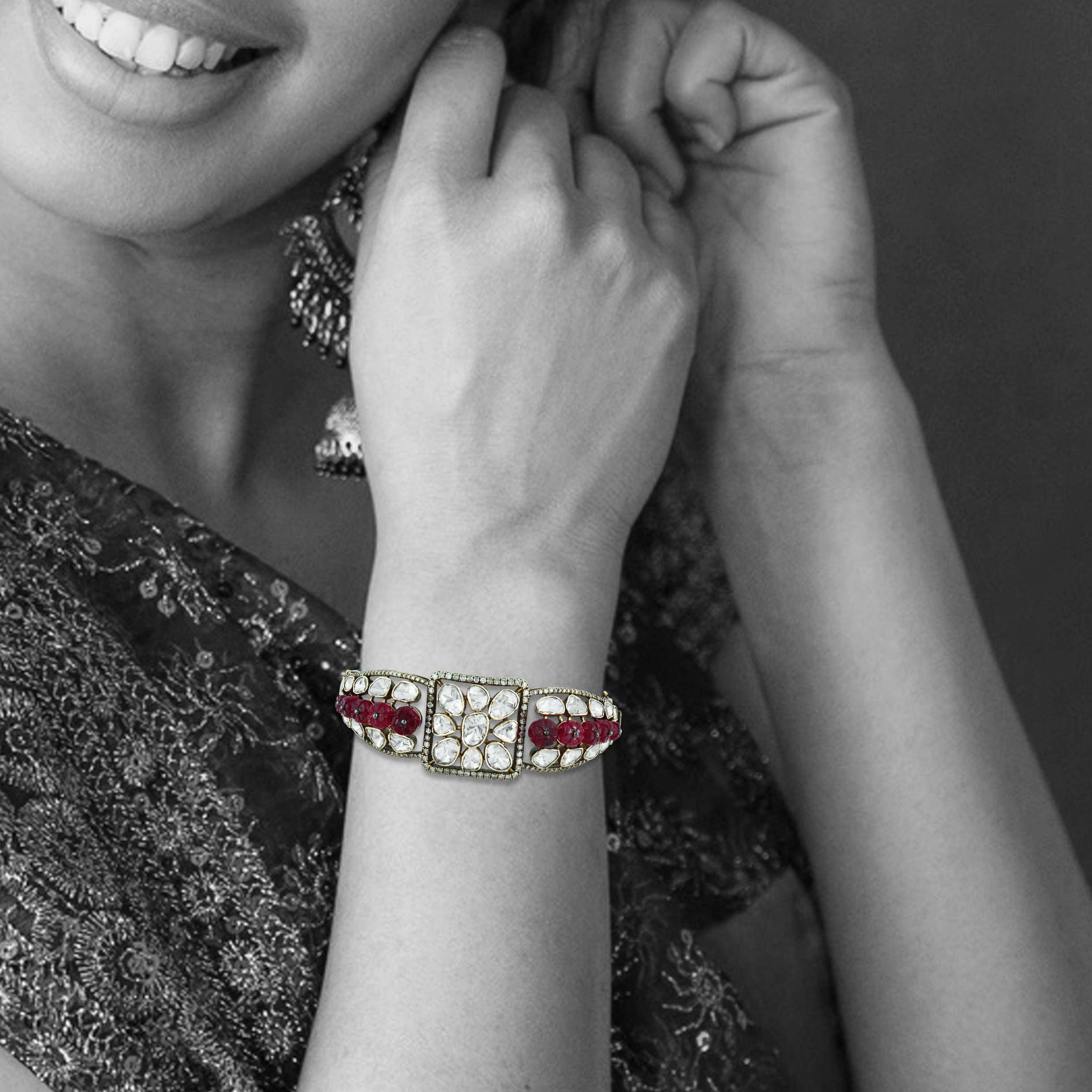 Victorian Polki Bangle with Red Beads and Antique Finish