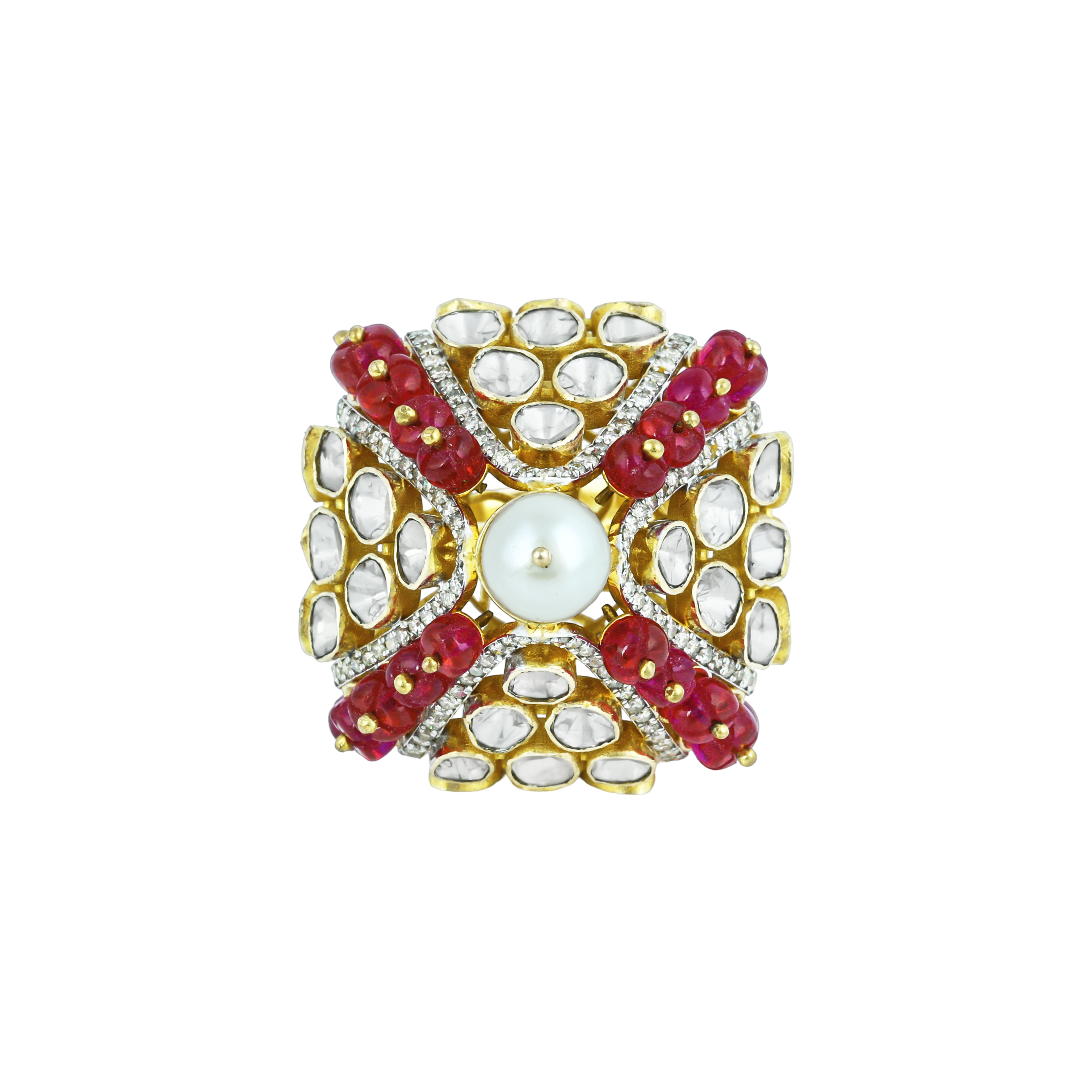 Bold Polki Ring with Central Pearl, Red Beads, and Uncut Diamonds