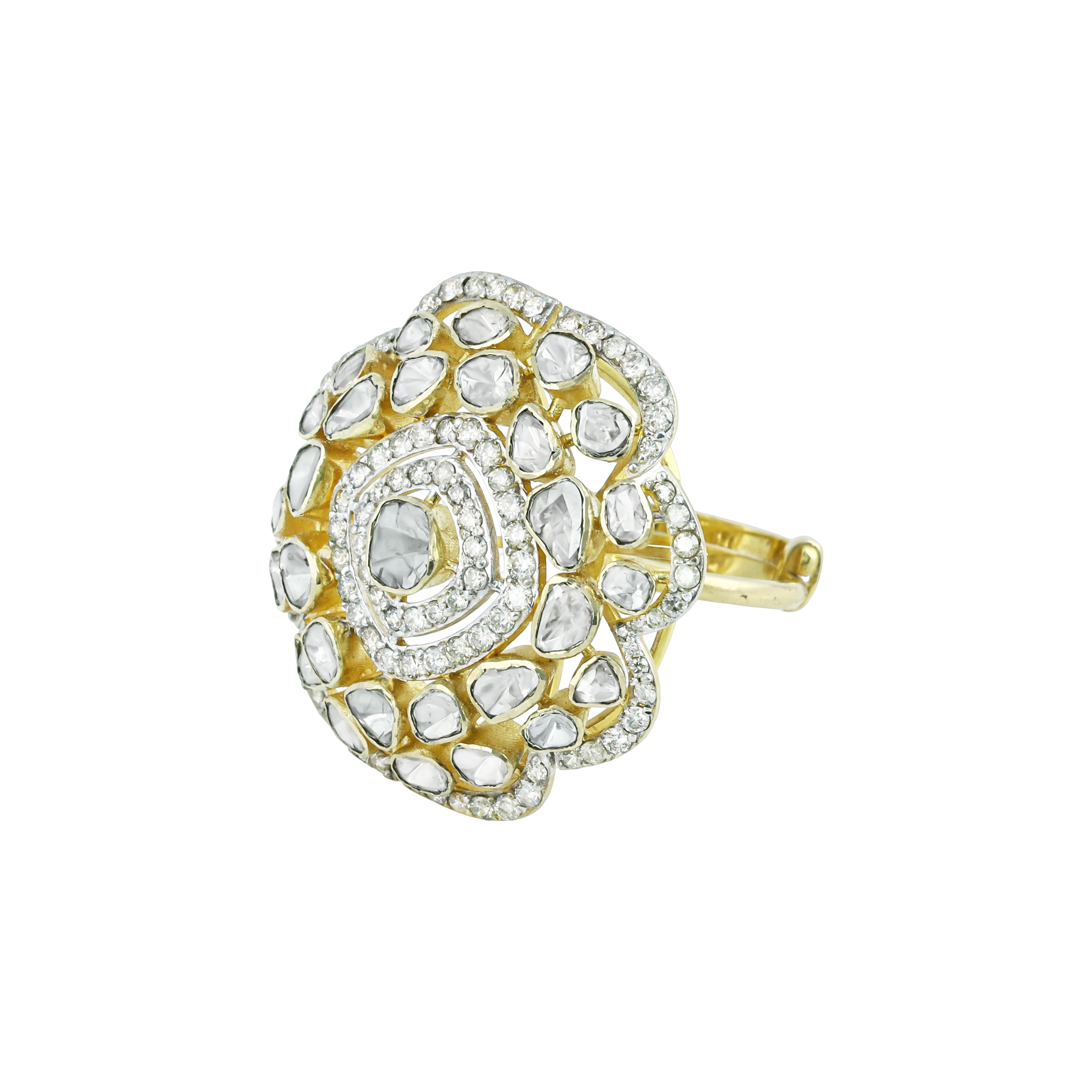 Floral Polki Ring with Radiant Diamond Cluster and Petal Detailing