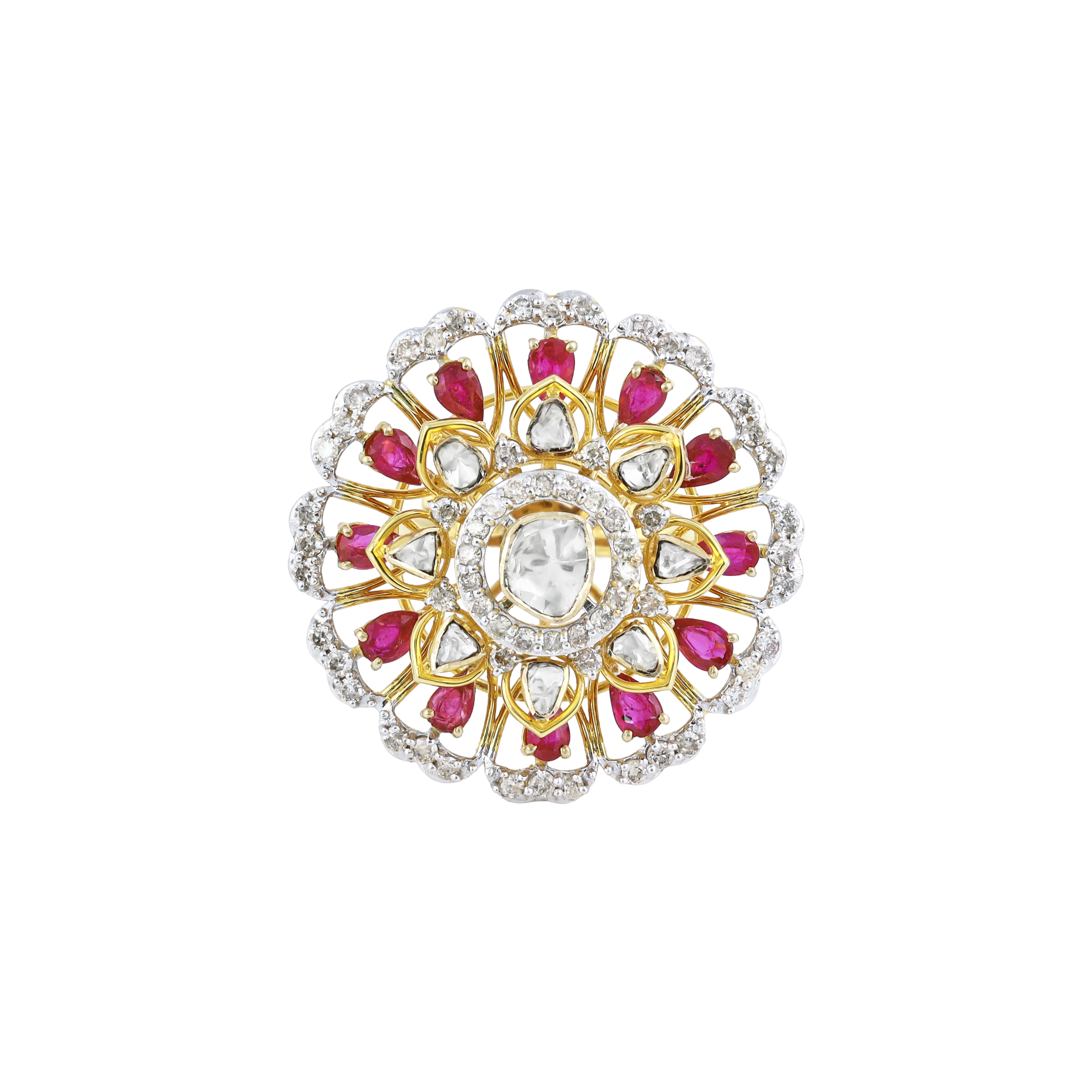 Polki Ring with Red Talaf and Diamond Floral Motif