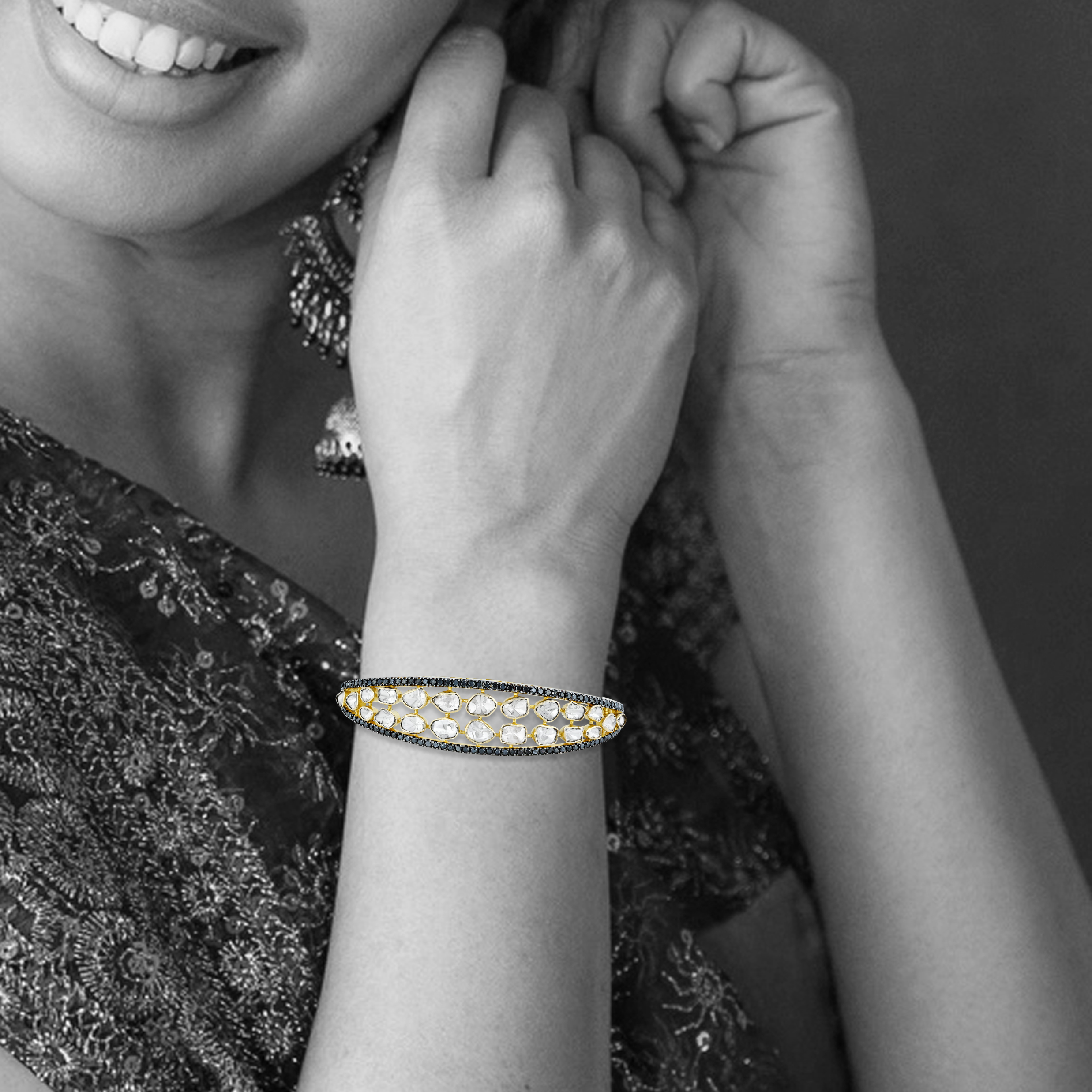 Open Cuff with Polki and Black Diamonds in Modern Design