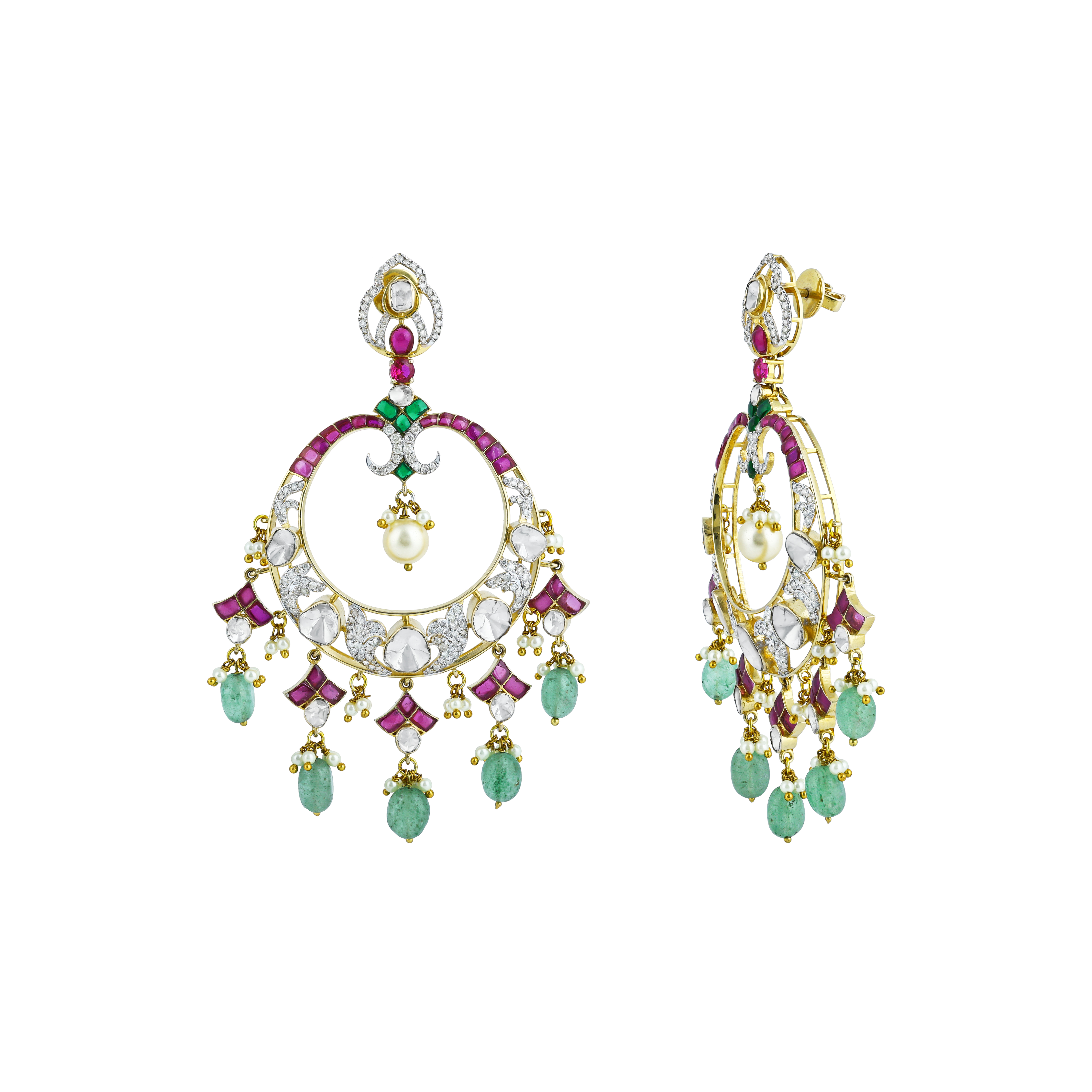 Polki Hoop Earrings with Emerald Drops, Pink Talaf, and Pearl Accents