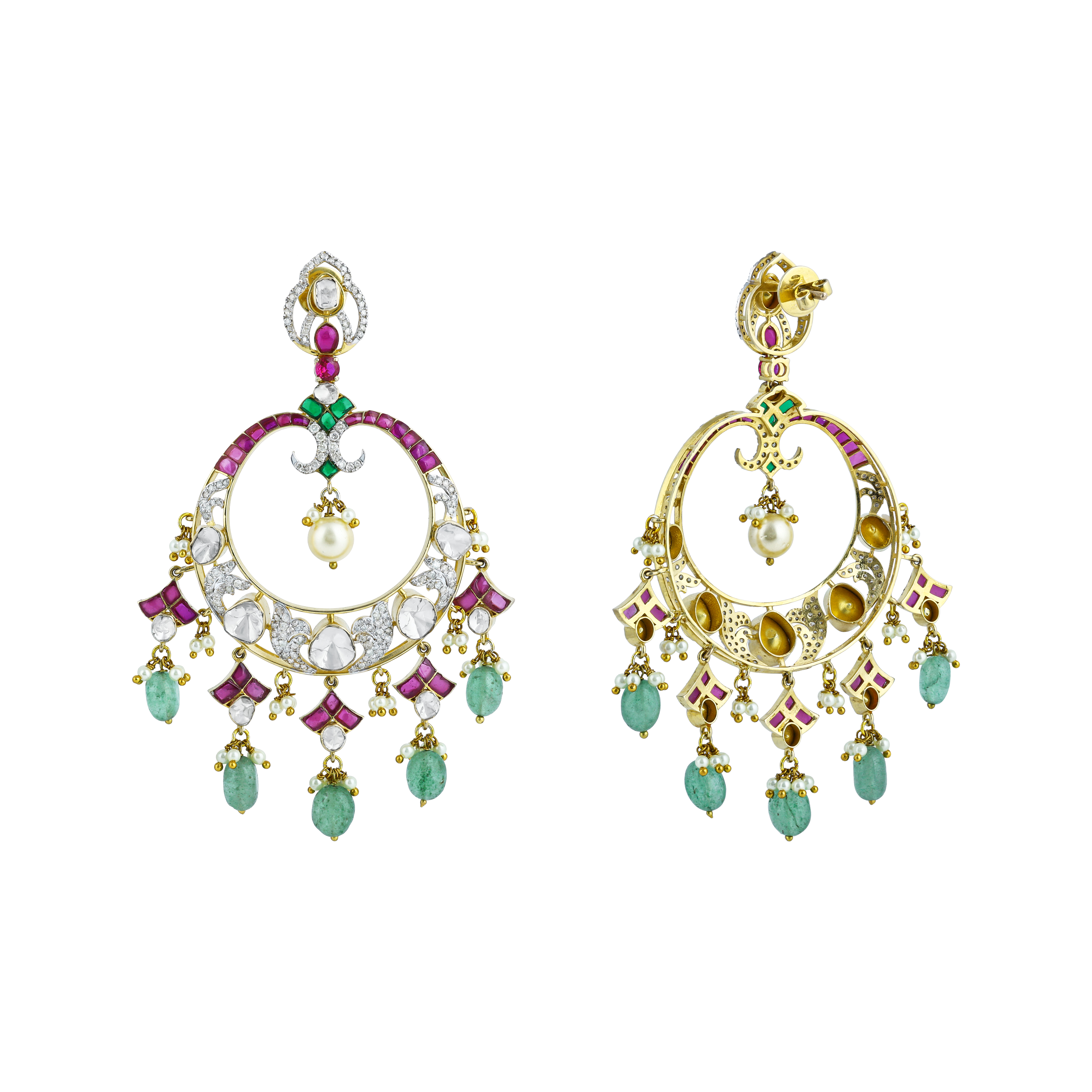 Polki Hoop Earrings with Emerald Drops, Pink Talaf, and Pearl Accents