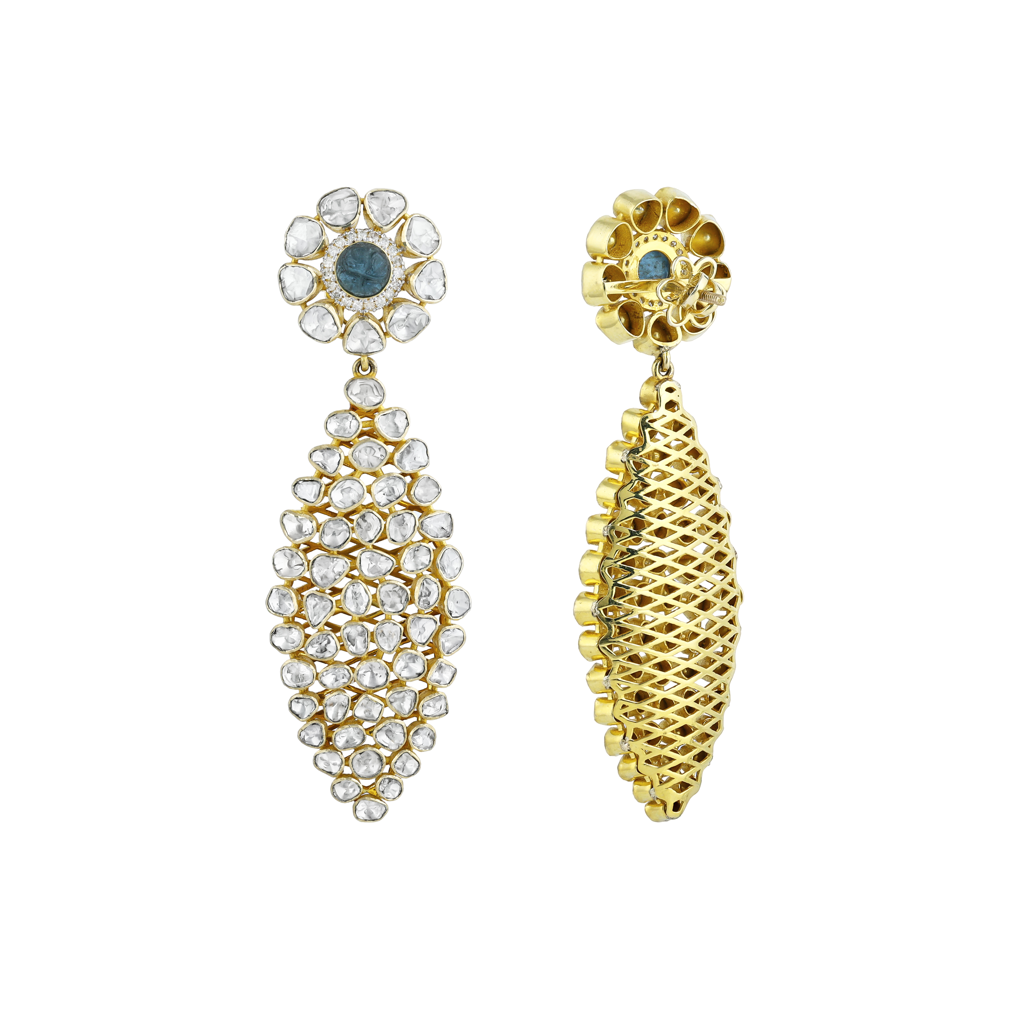 Polki Earrings with Blue Gemstone Center and Uncut Diamonds