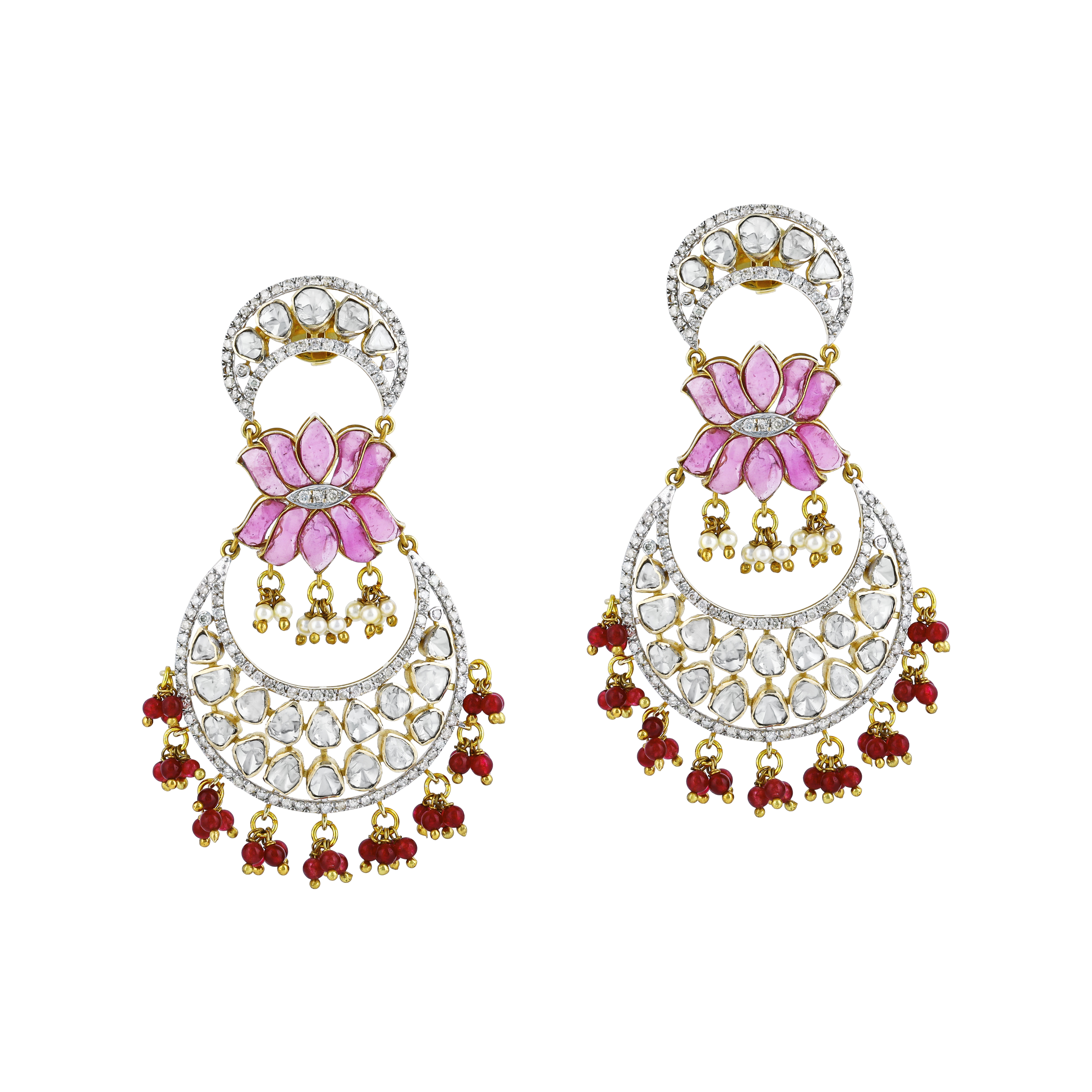 Lotus Polki Earrings with Pink Talaf, Red Drops, and Lotus Design