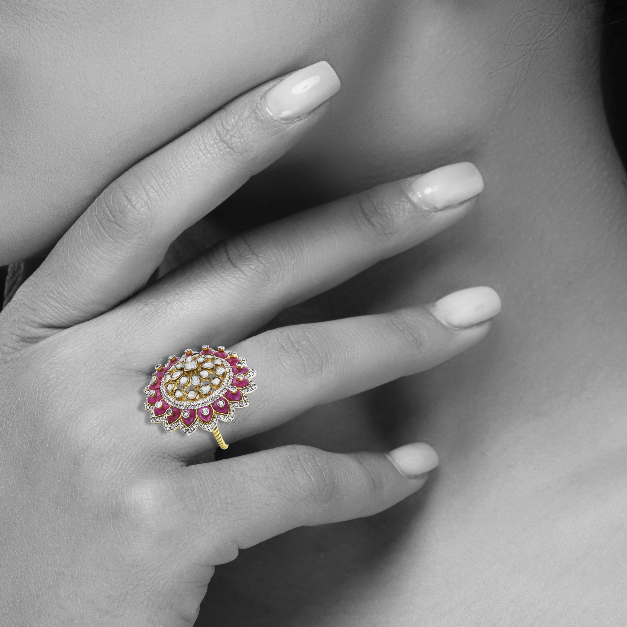 Polki Ring with Red Talaf and Diamond-Accented Petals