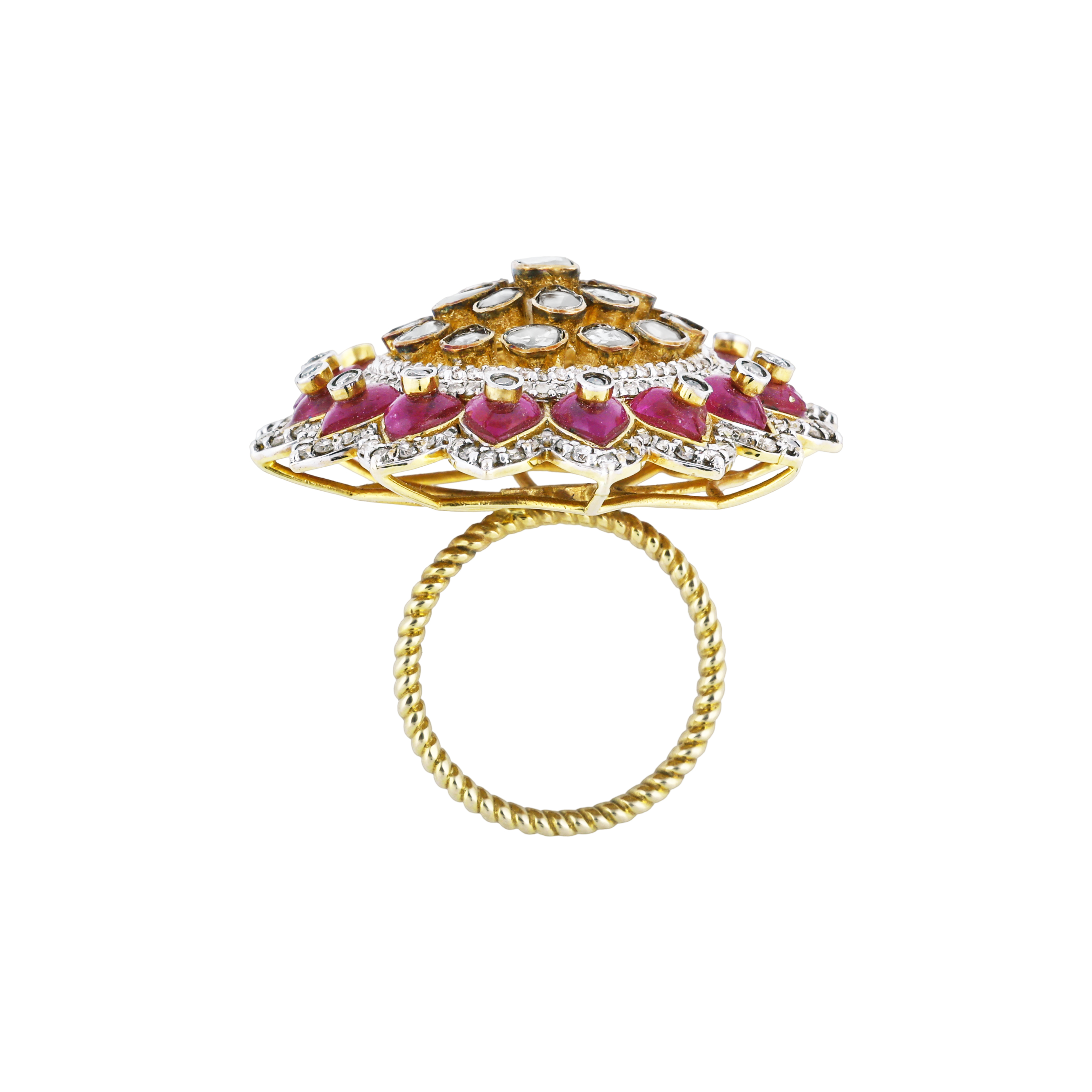 Polki Ring with Red Talaf and Diamond-Accented Petals