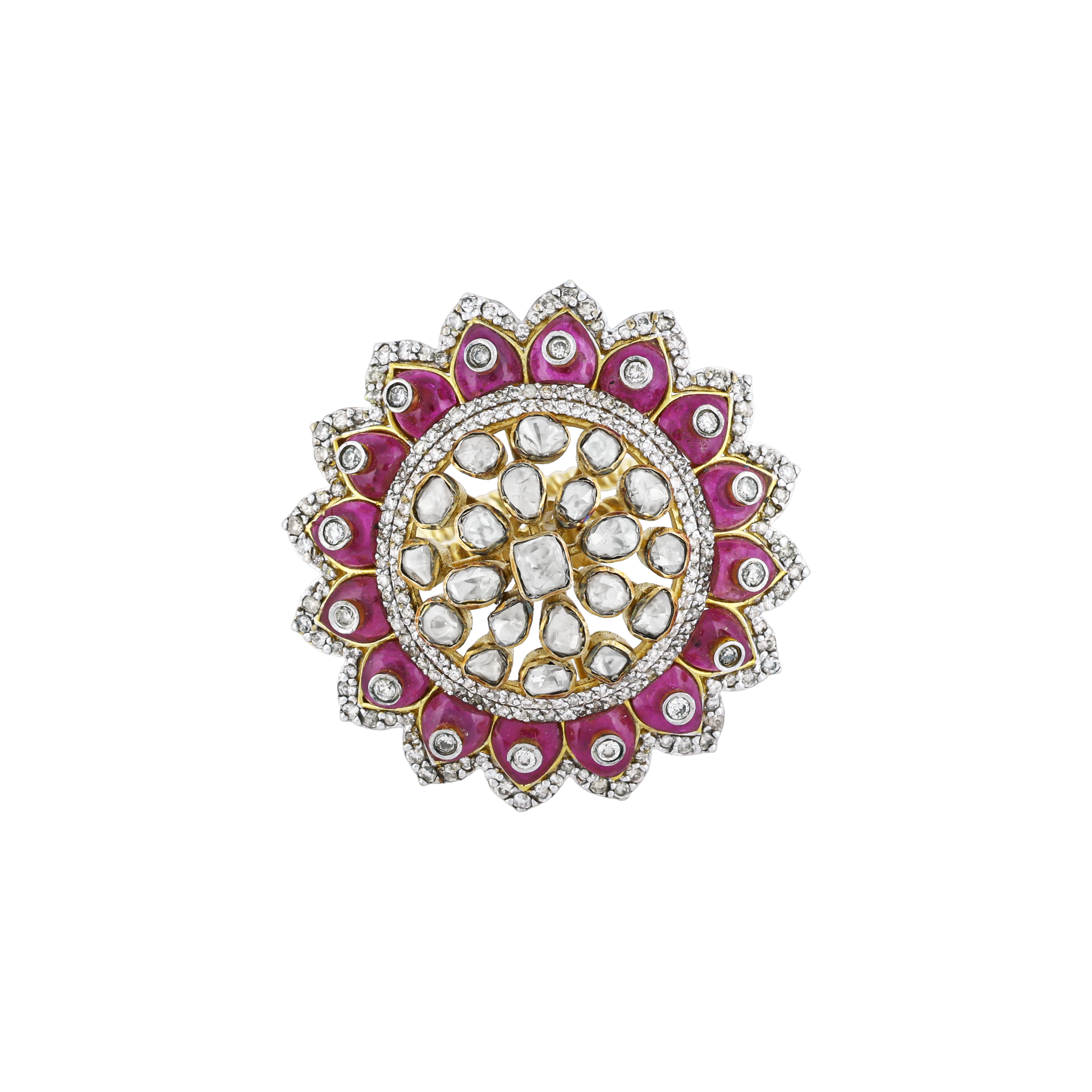 Polki Ring with Red Talaf and Diamond-Accented Petals