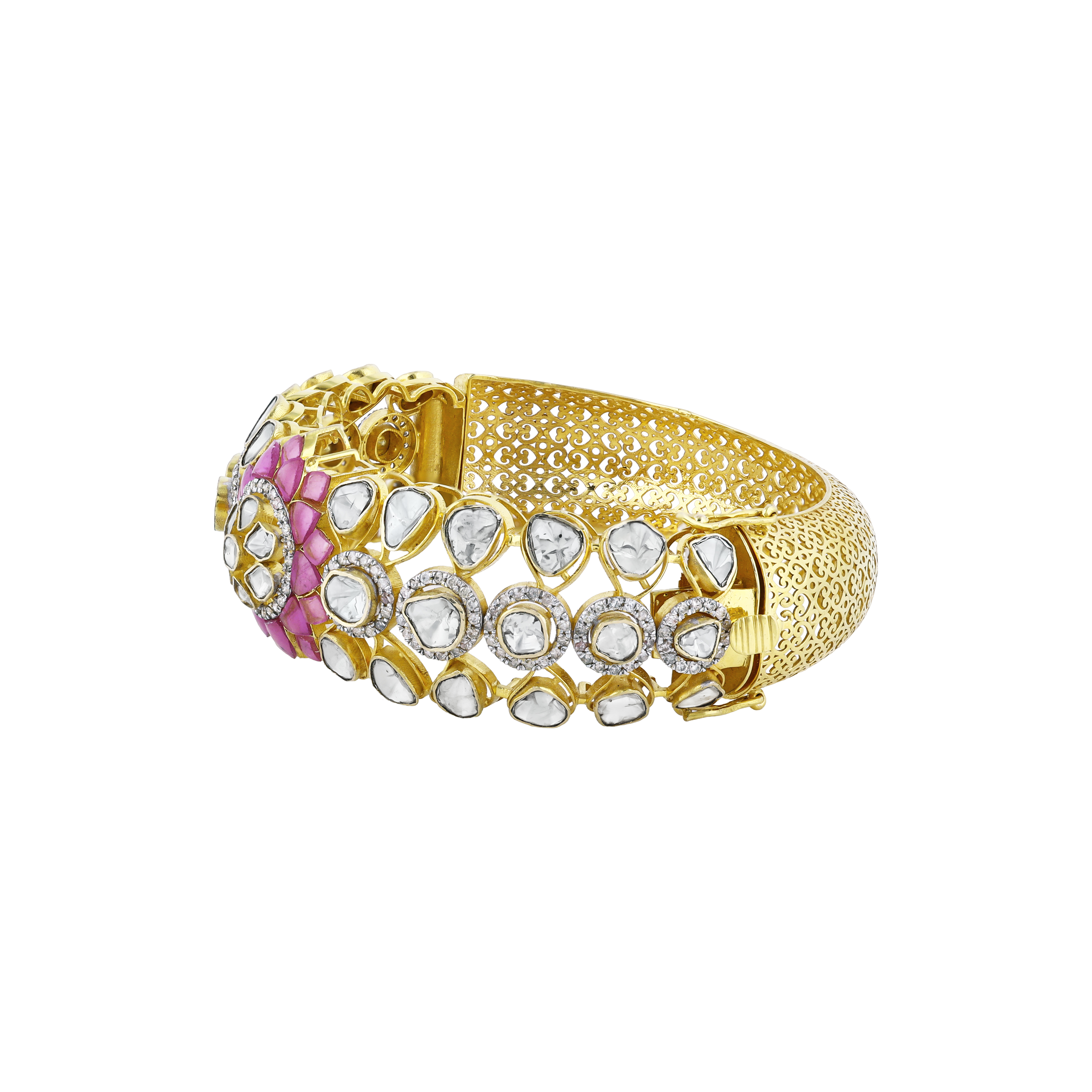 Bangle with Polki and Pink Talaf Floral Motif