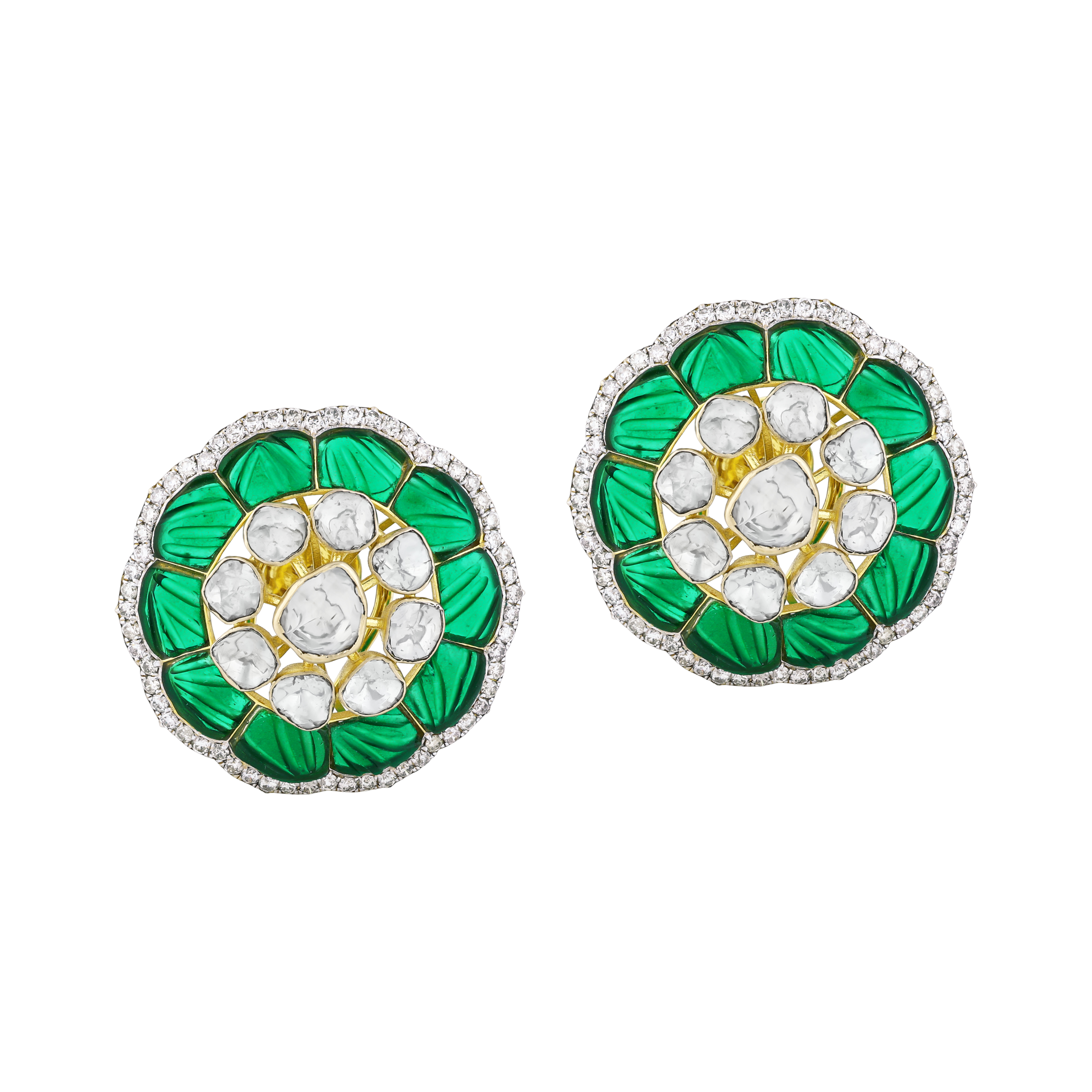 Floral Polki Earrings with Green Talaf Petals and Diamond Halo
