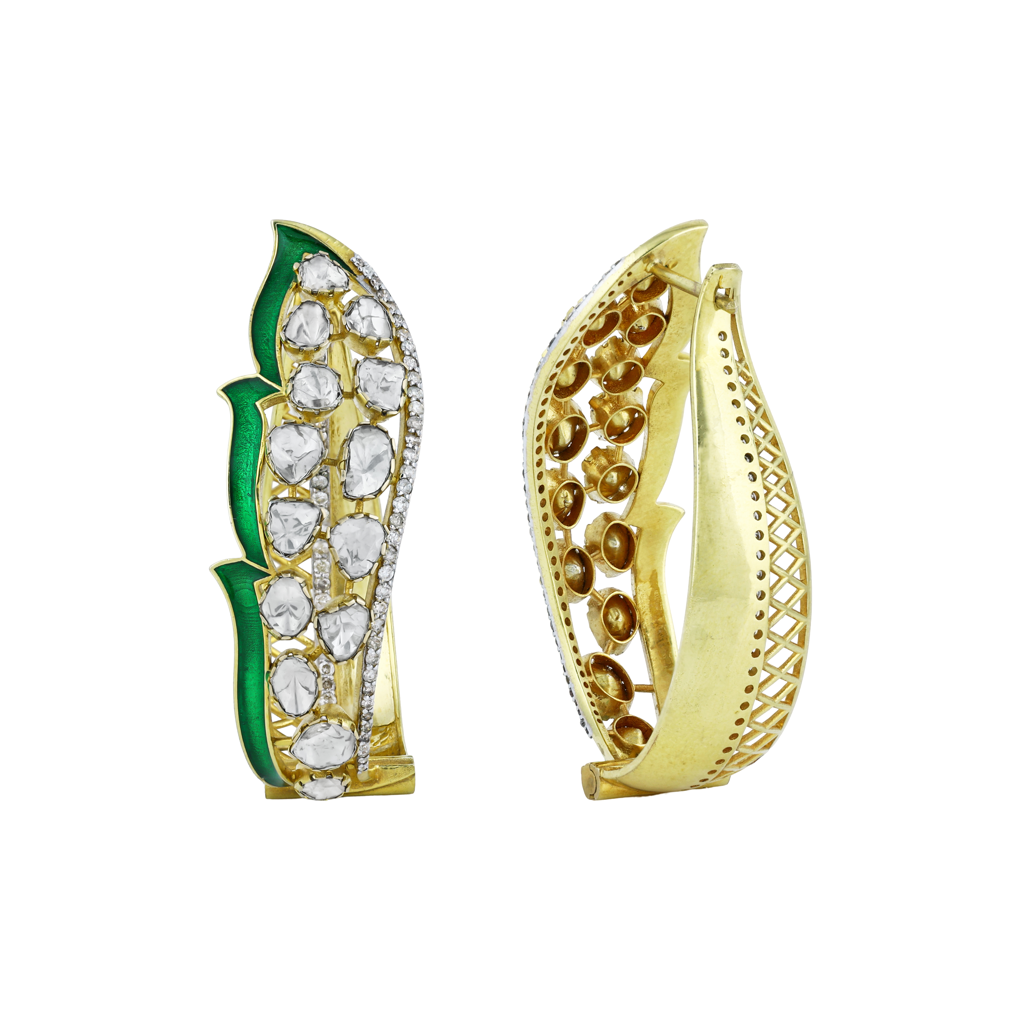 Leaf-Inspired Polki Earrings with Green Enamel