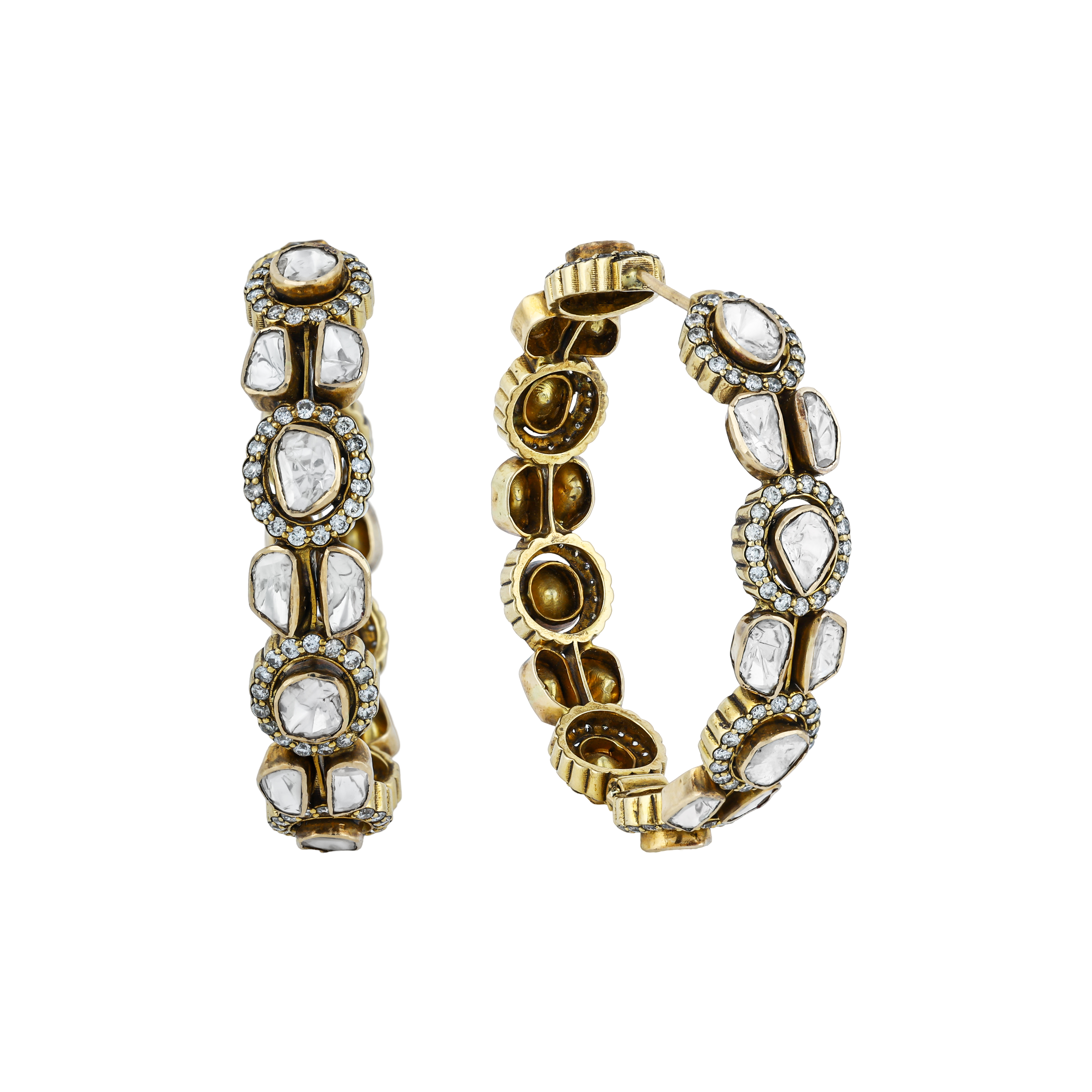 Antique Finish Polki Hoop Earrings with Oval Motifs and Diamonds