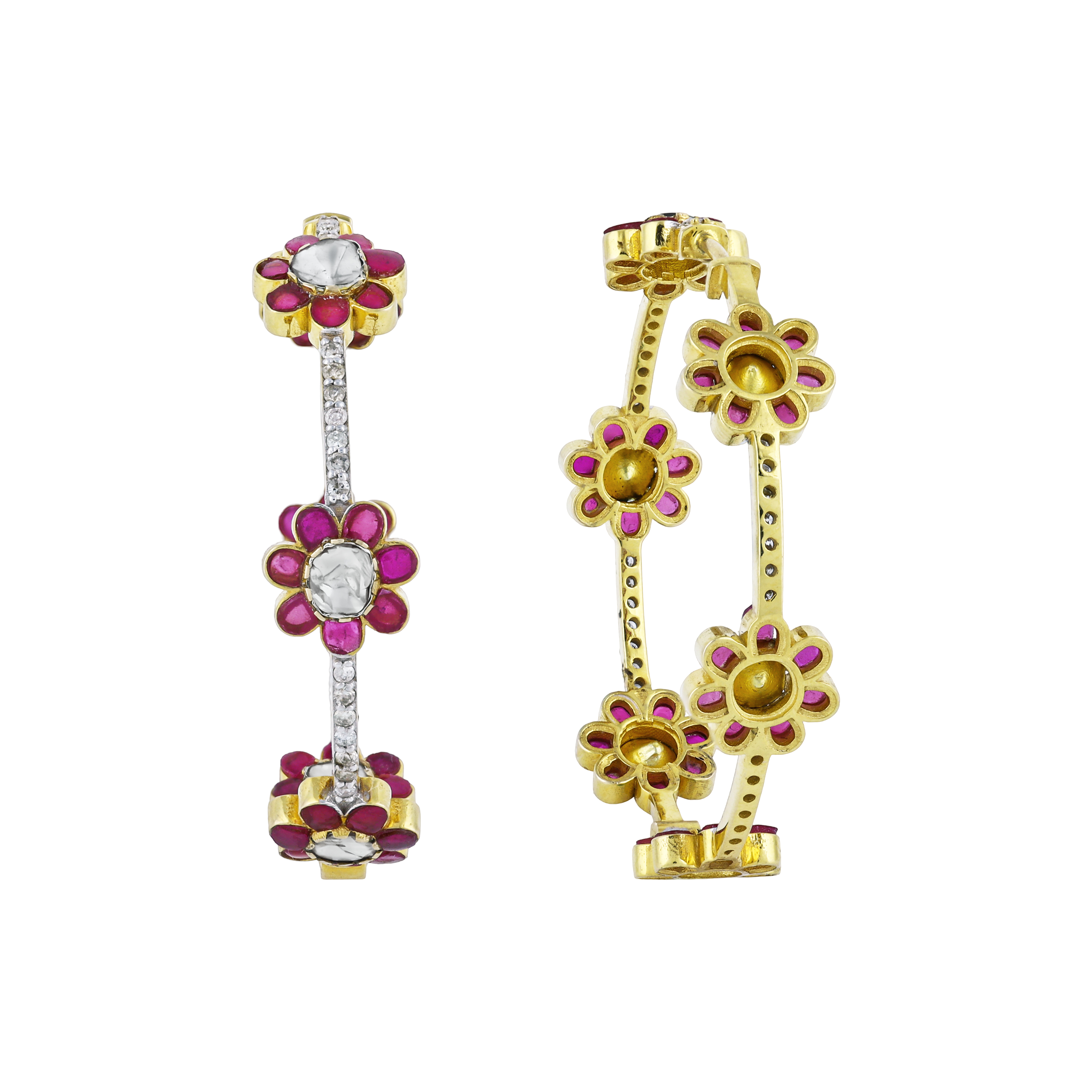 Red Talaf Floral Hoop Earrings with Polki and Diamonds