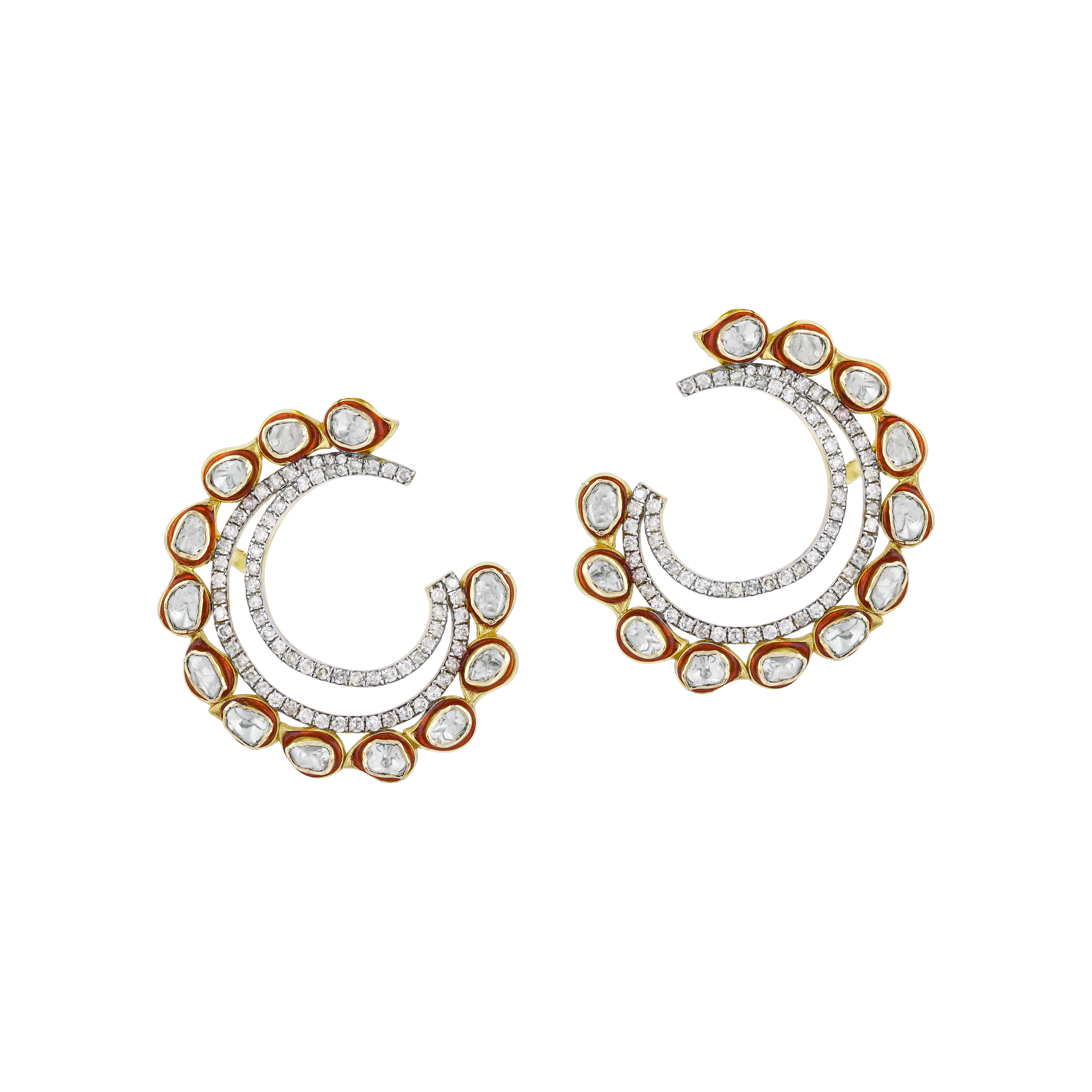 Polki Circular Earrings with Double Arcs and Sparkling Diamonds