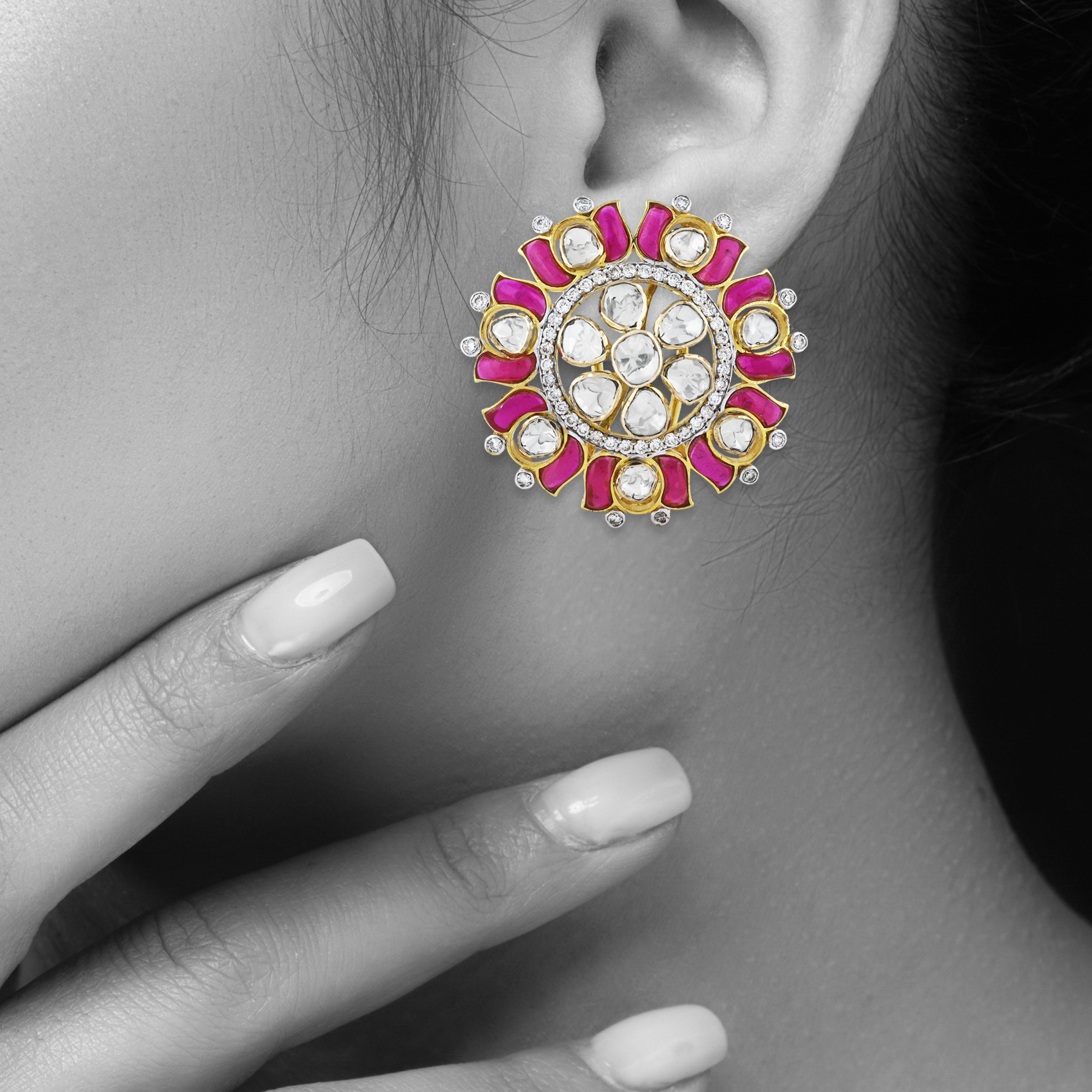 Lotus-Inspired Polki Earrings with Pink and Green Talaf