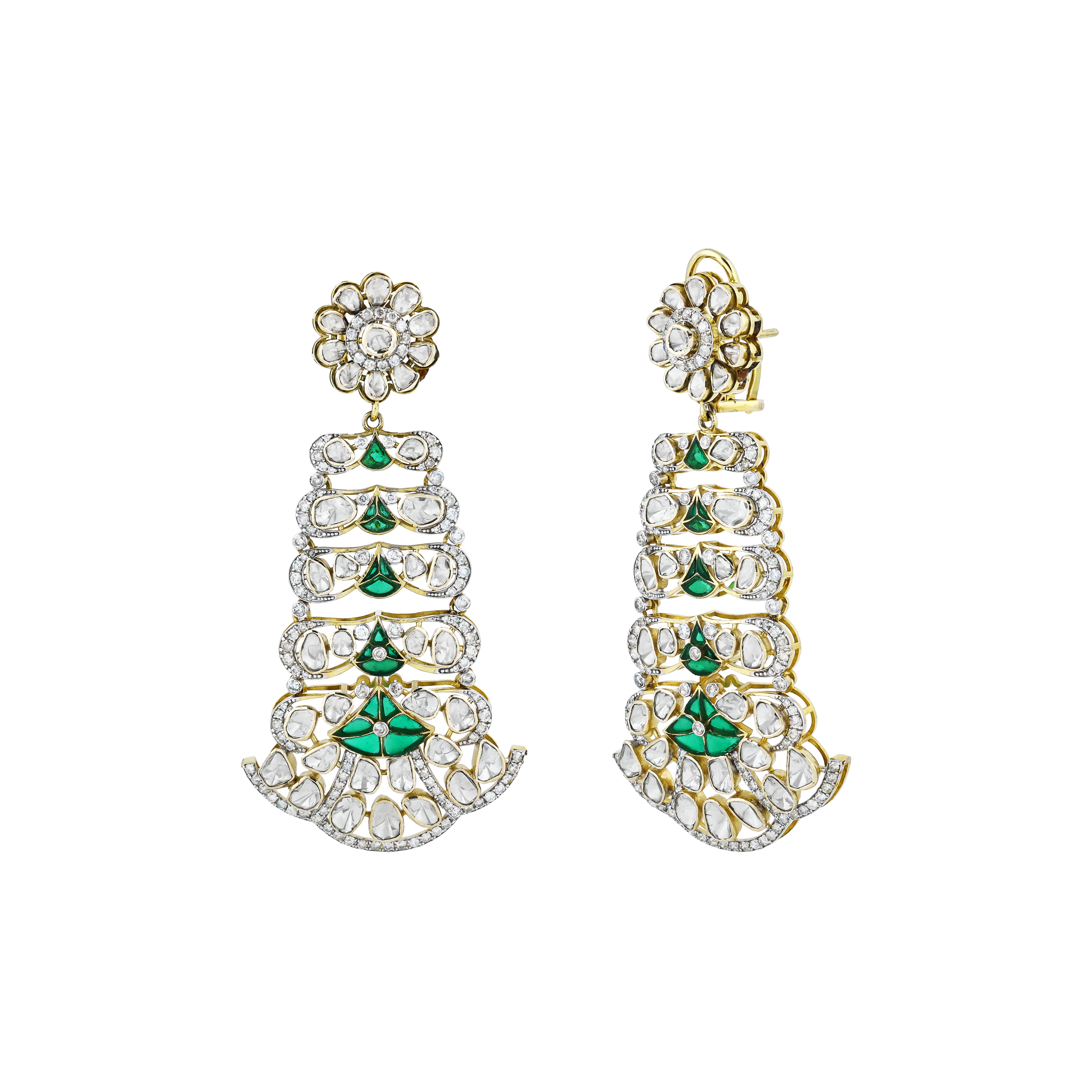 Chandelier Earrings with Polki, Green Talaf, and Floral Top