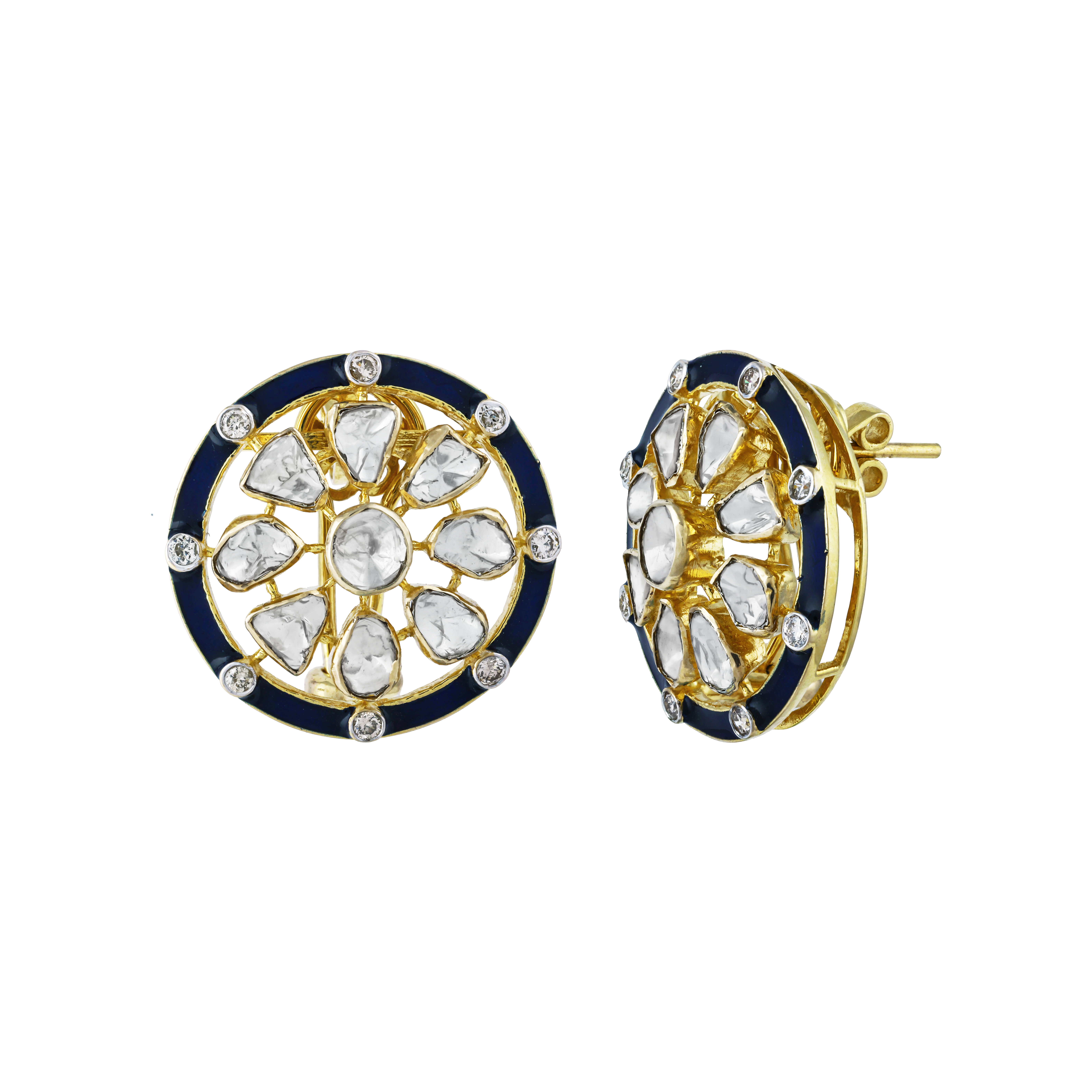 Round Polki Earrings with Blue Enamel and Diamonds
