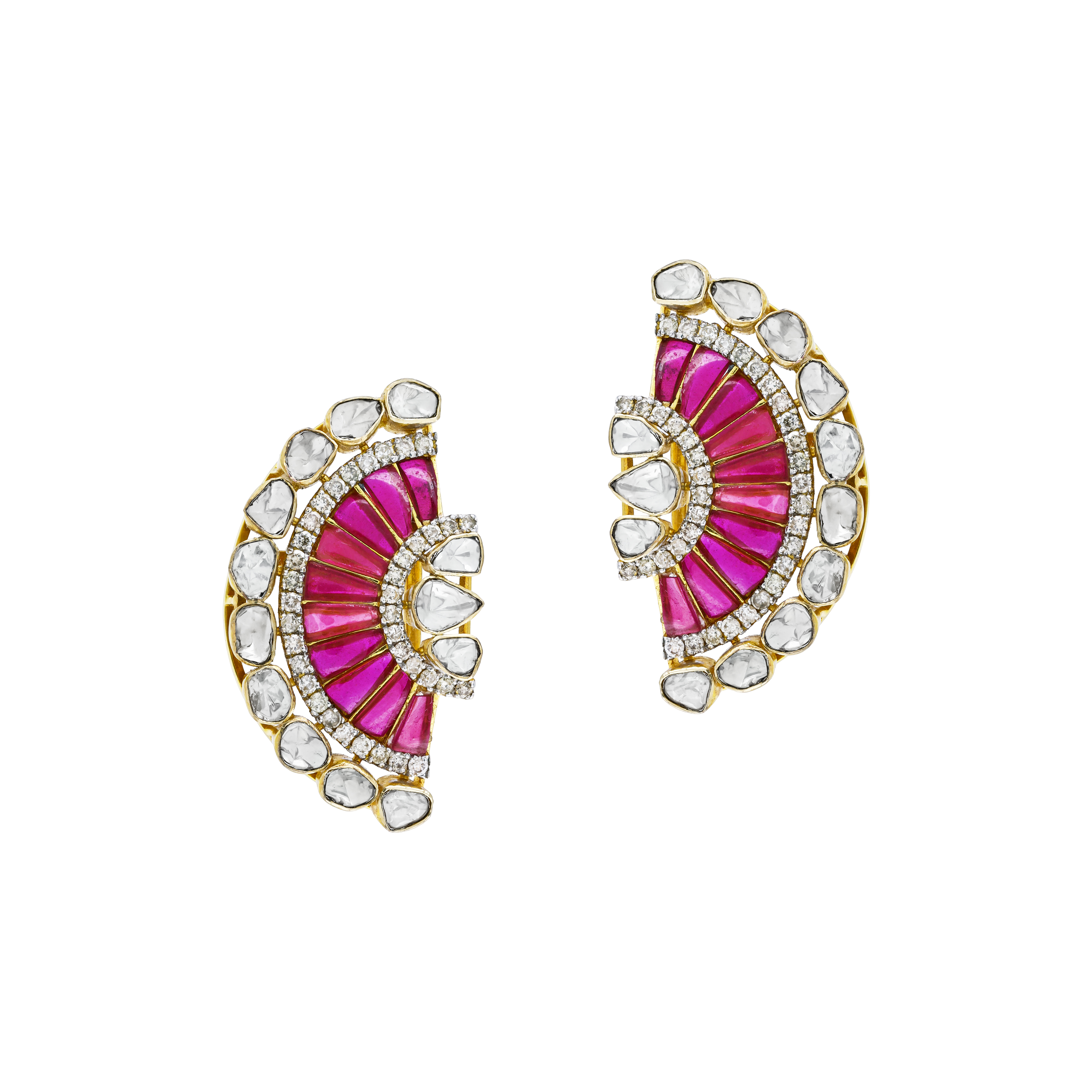 Fan-Shaped Polki Earrings with Red Talaf and Diamonds