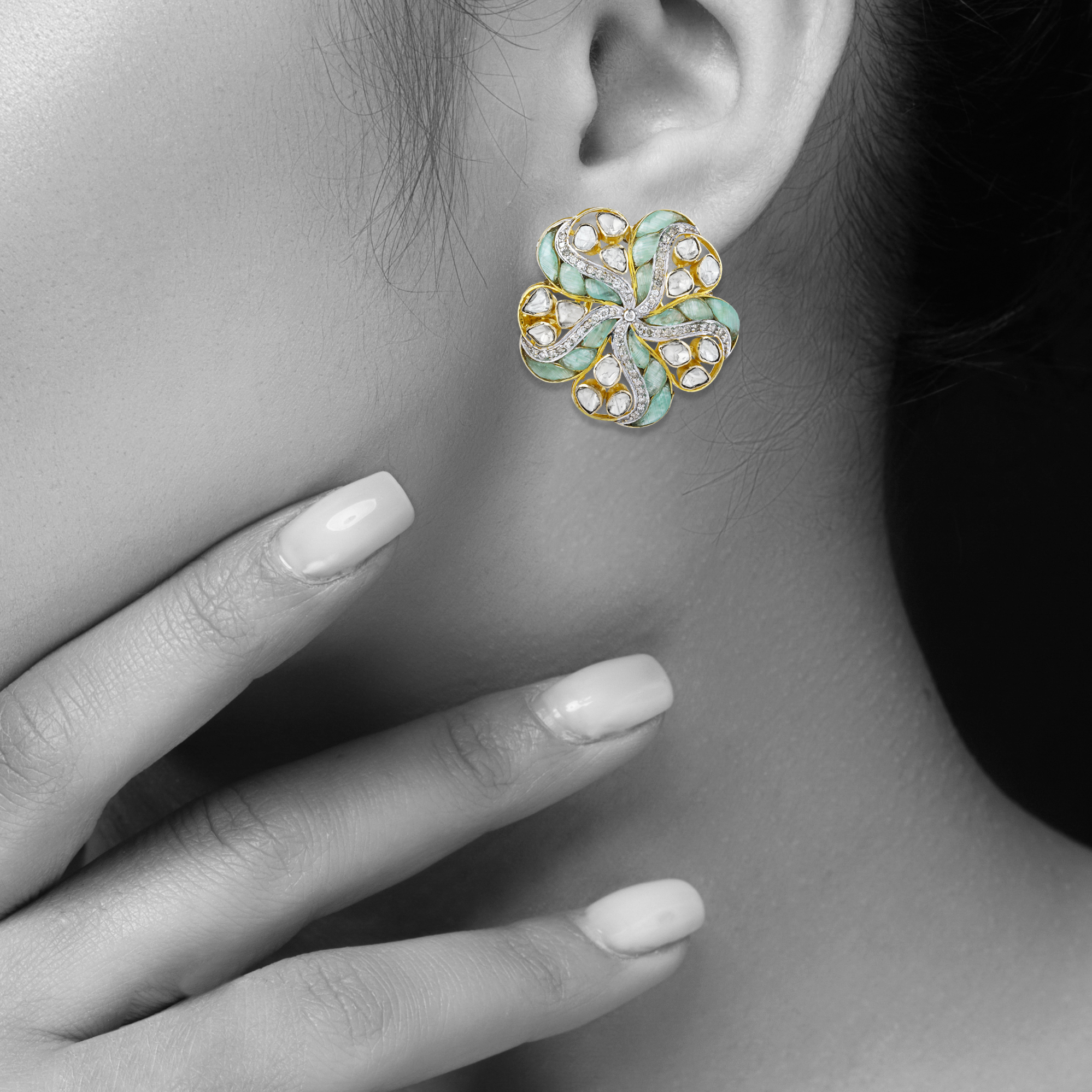 Floral Polki Earrings with Soft Green Talaf and Polki Swirl Design