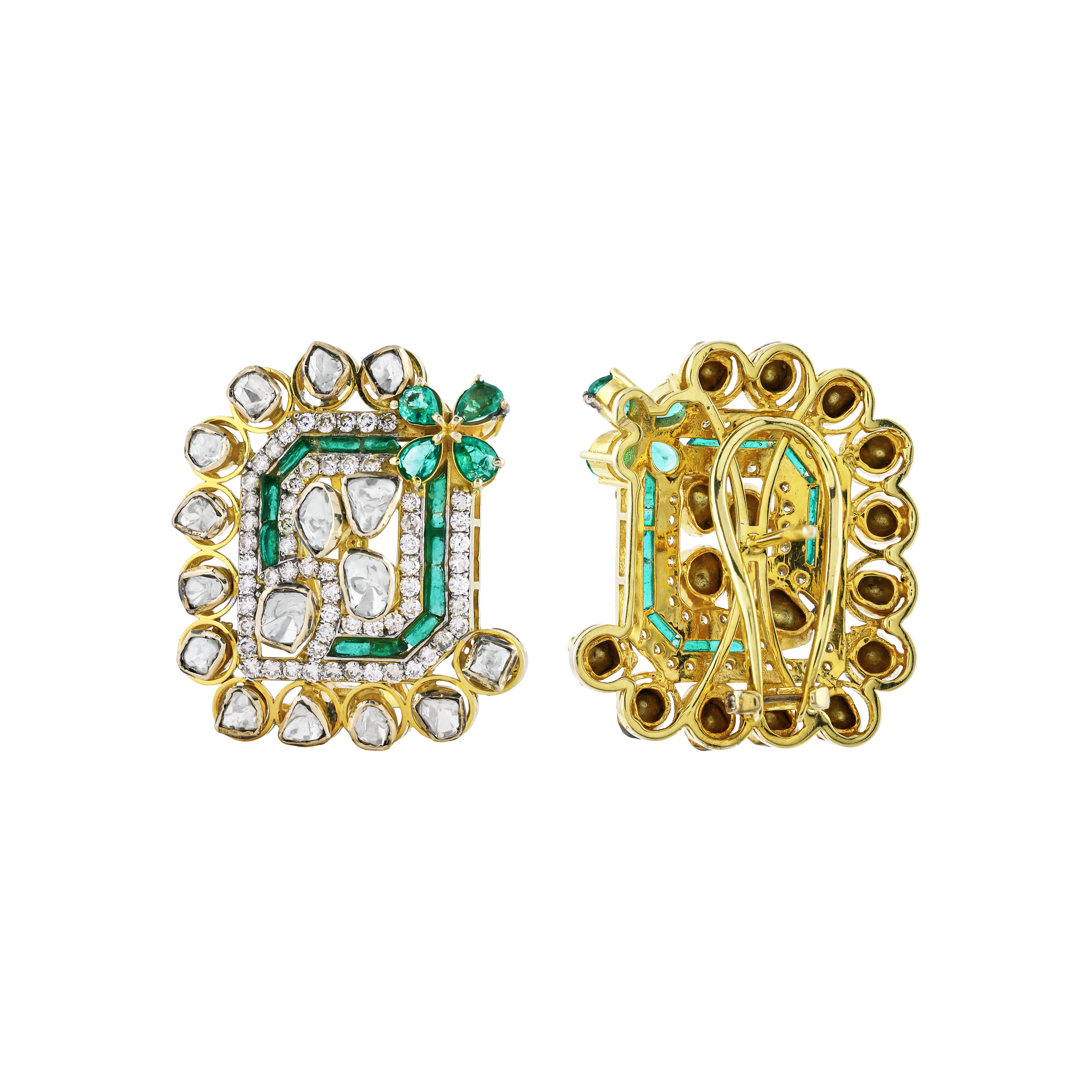 Rectangular Green Colourstone Polki Earrings with pearls