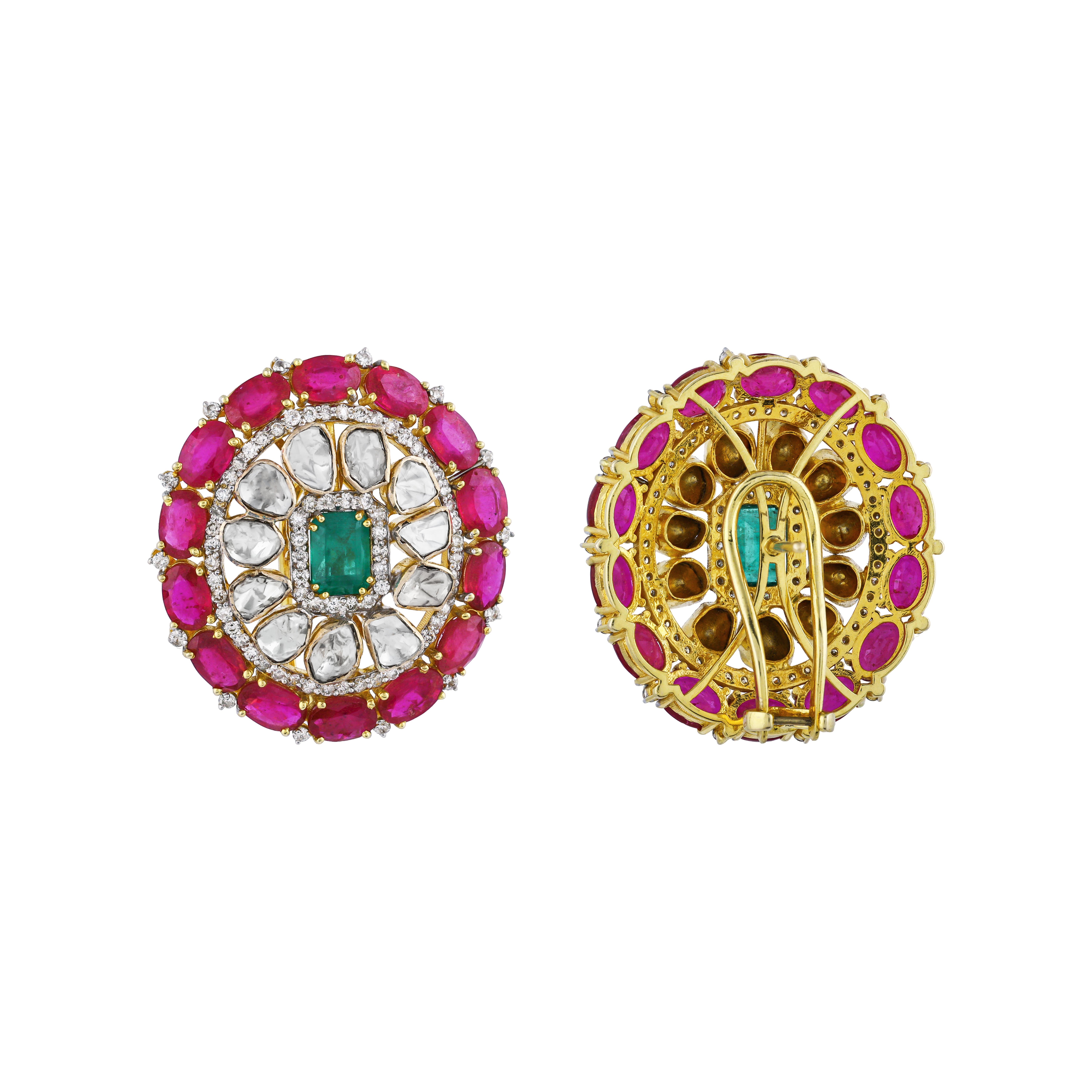 Round Earrings with Green and Red Colour Stone and Polki Diamonds