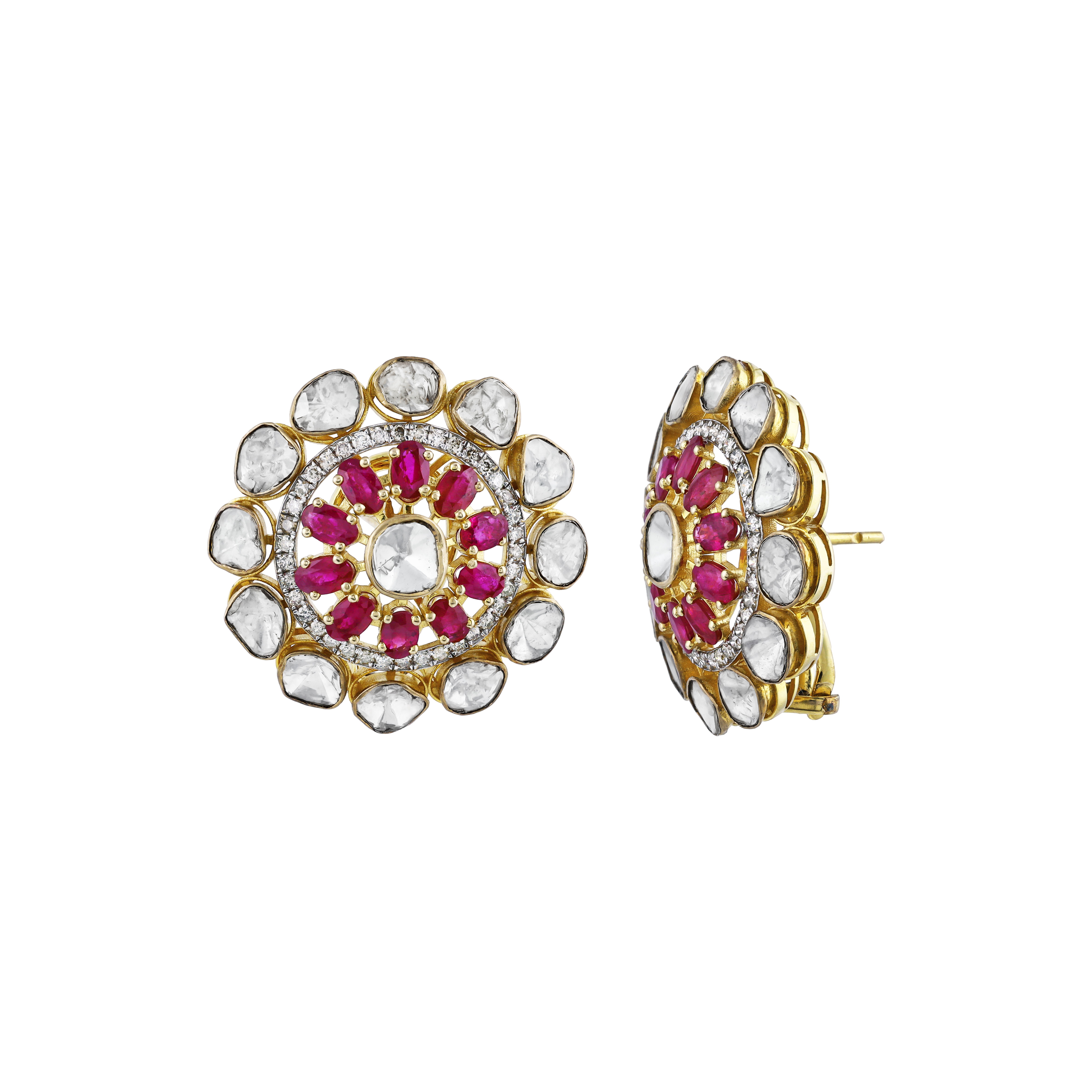 Polki Earrings with Vivid Pink Colour Stone and Diamonds