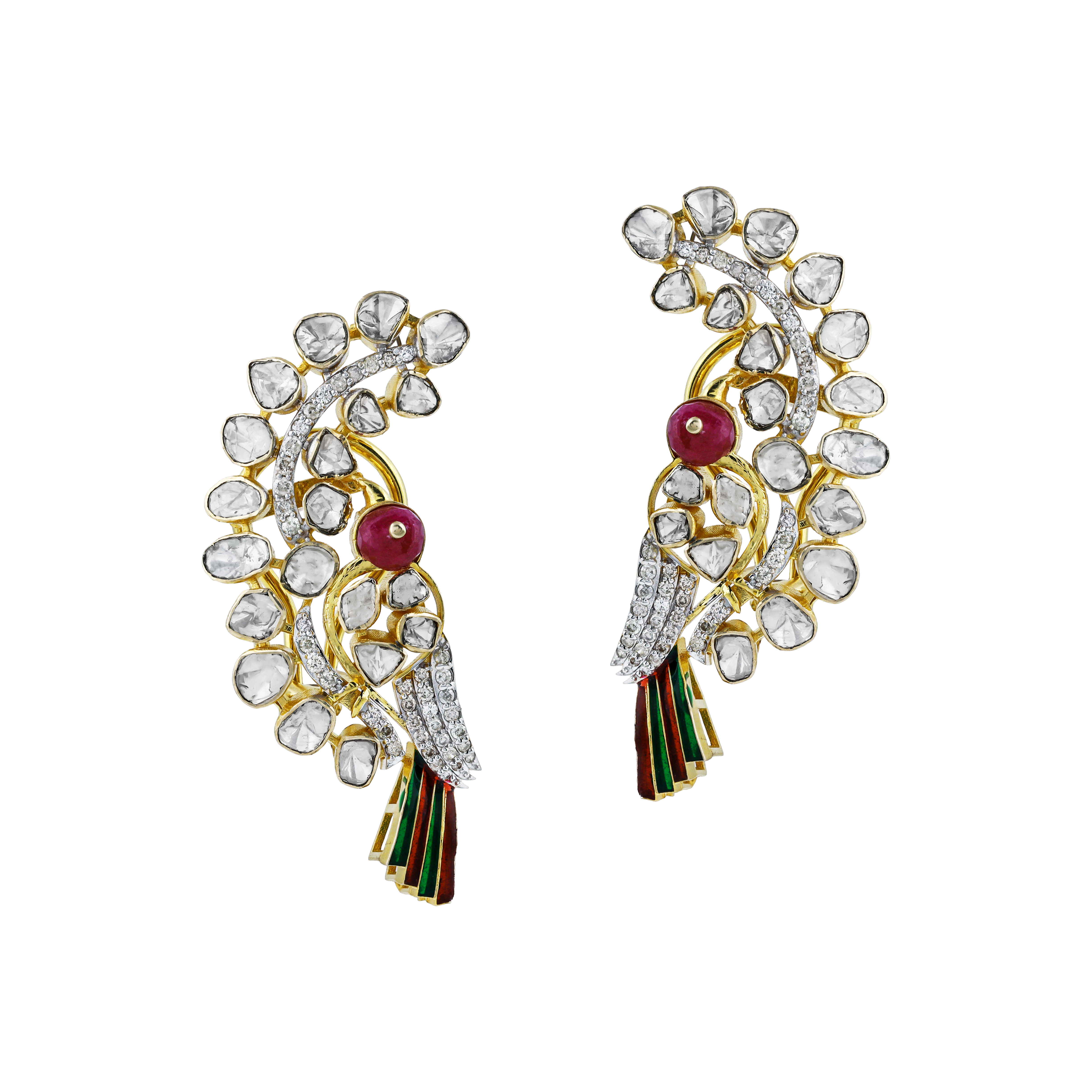 Polki Earrings with Red Colour Bead, Diamonds, and Enamel Wing of a Bird