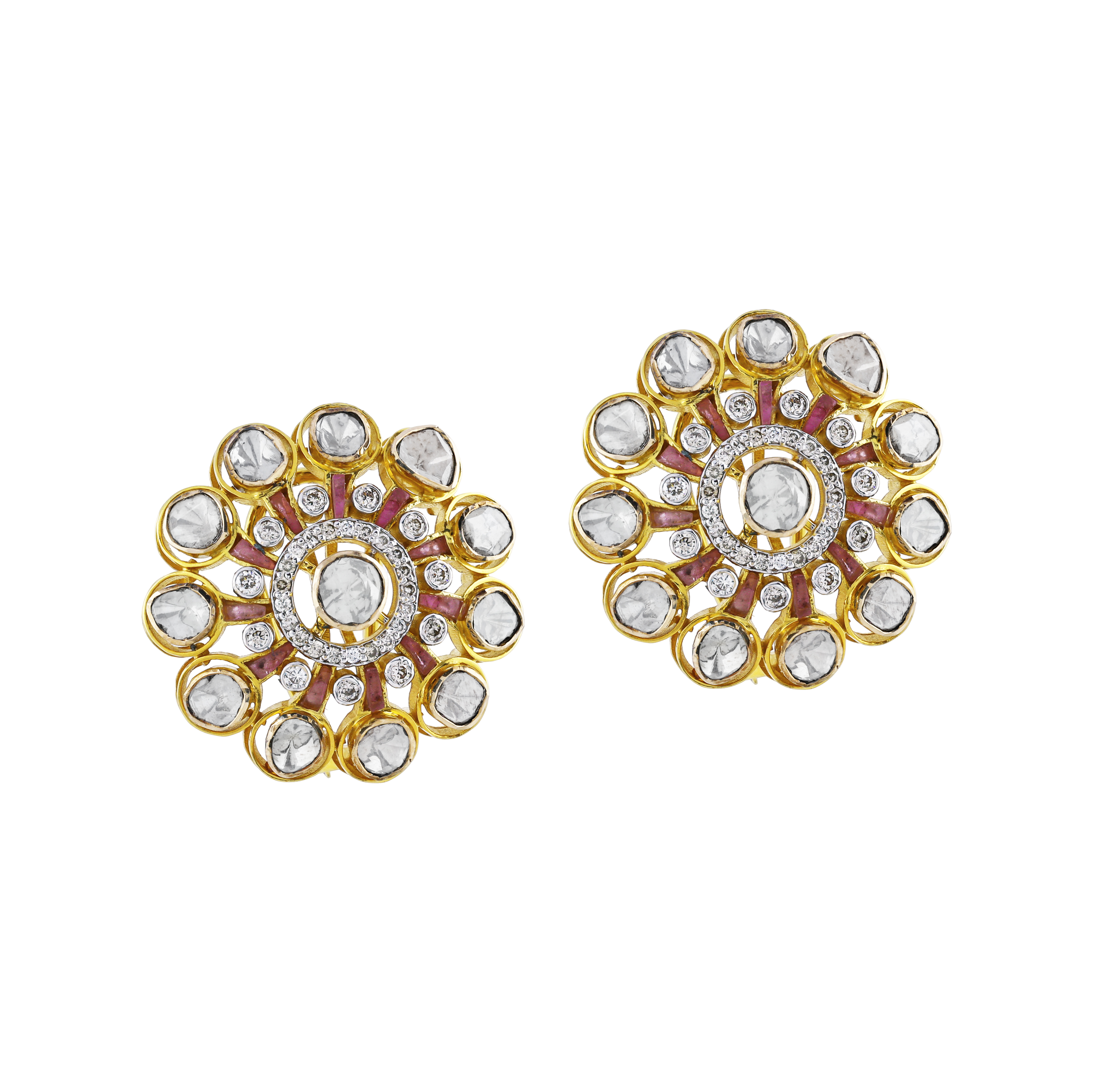 Polki Circular Earrings with Central Polki and Pink Talaf