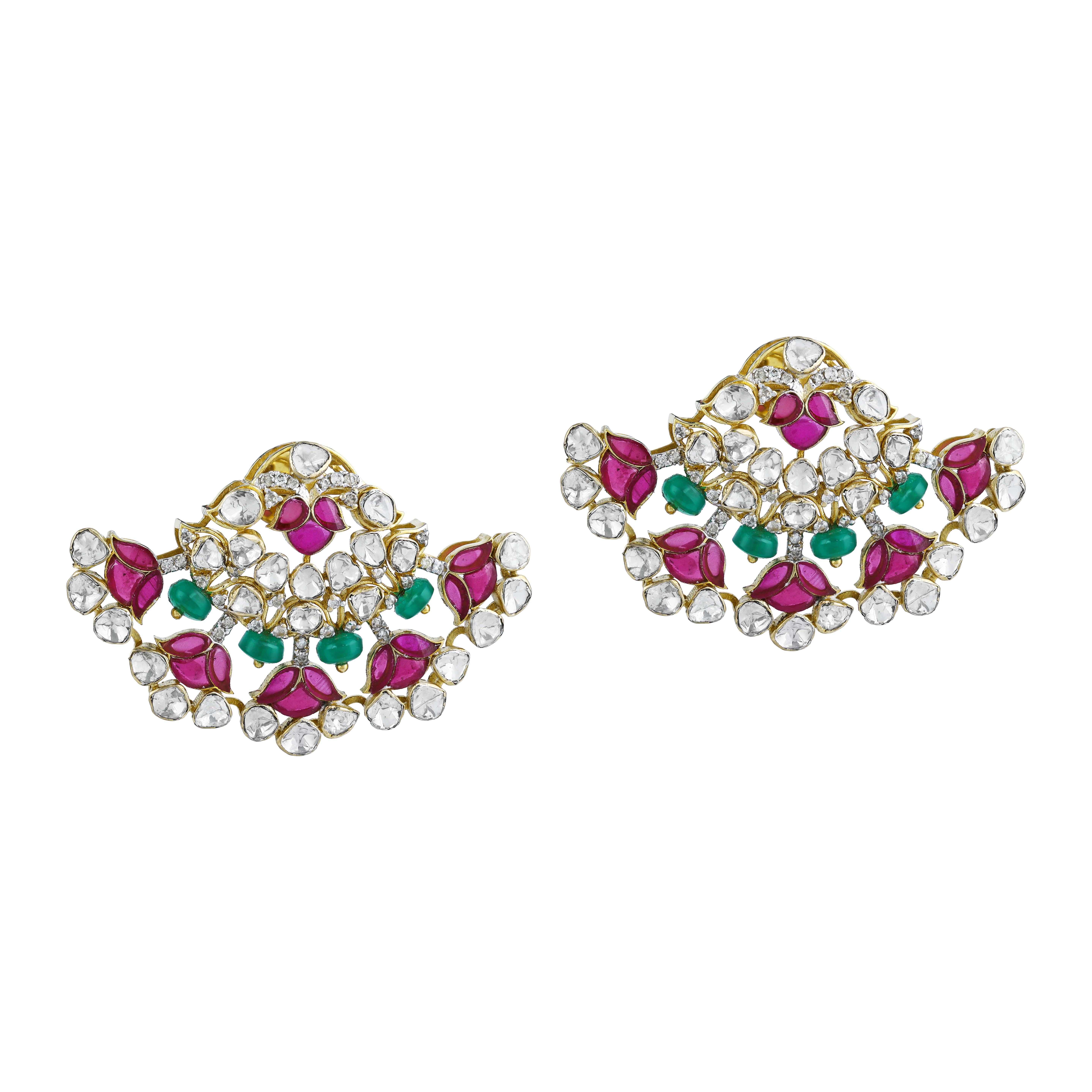 Radiant Cluster Earrings with Pink Petals and Green Accents