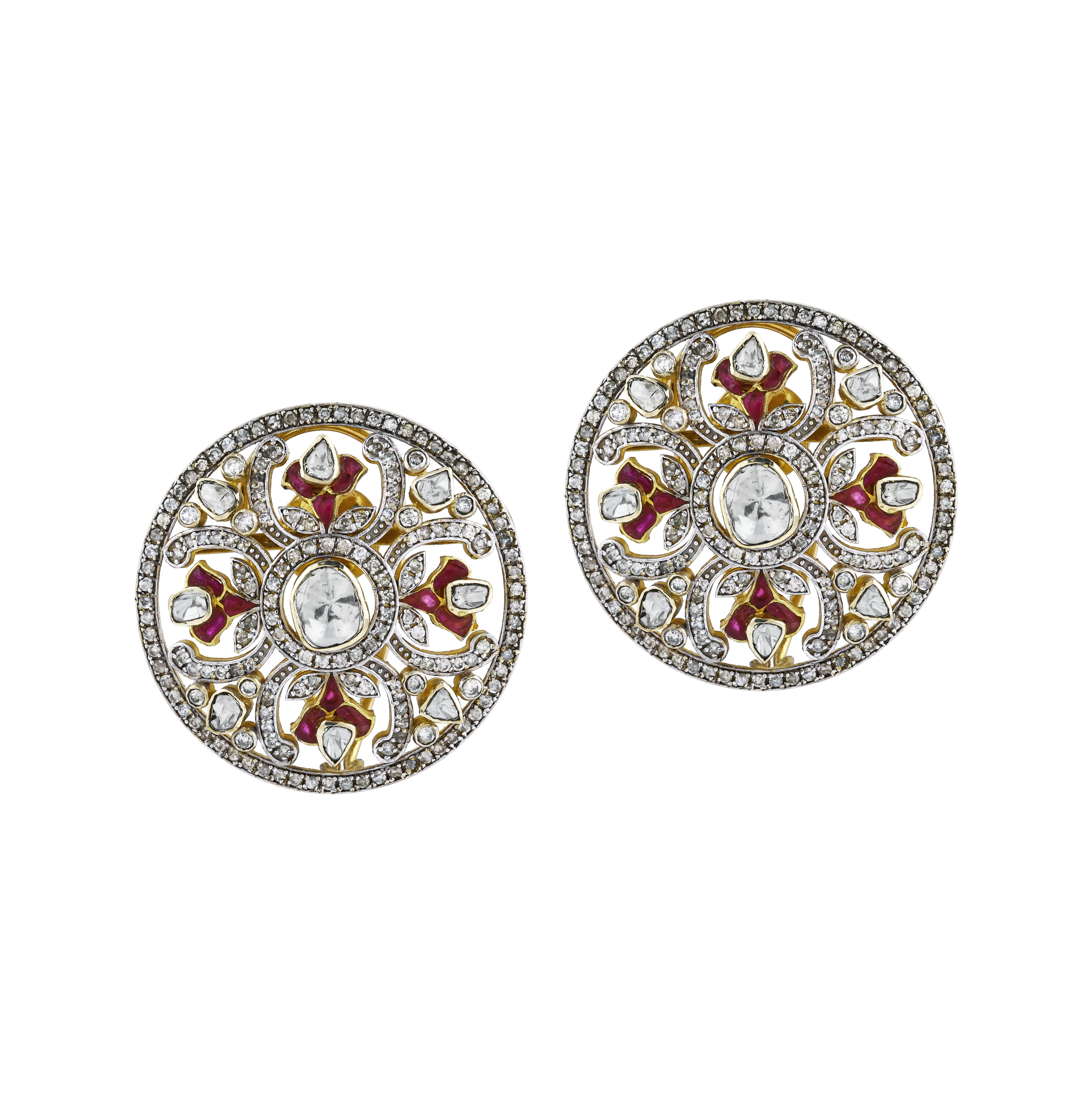 Opulent Circular Earrings with Uncut Diamond and Red Talaf