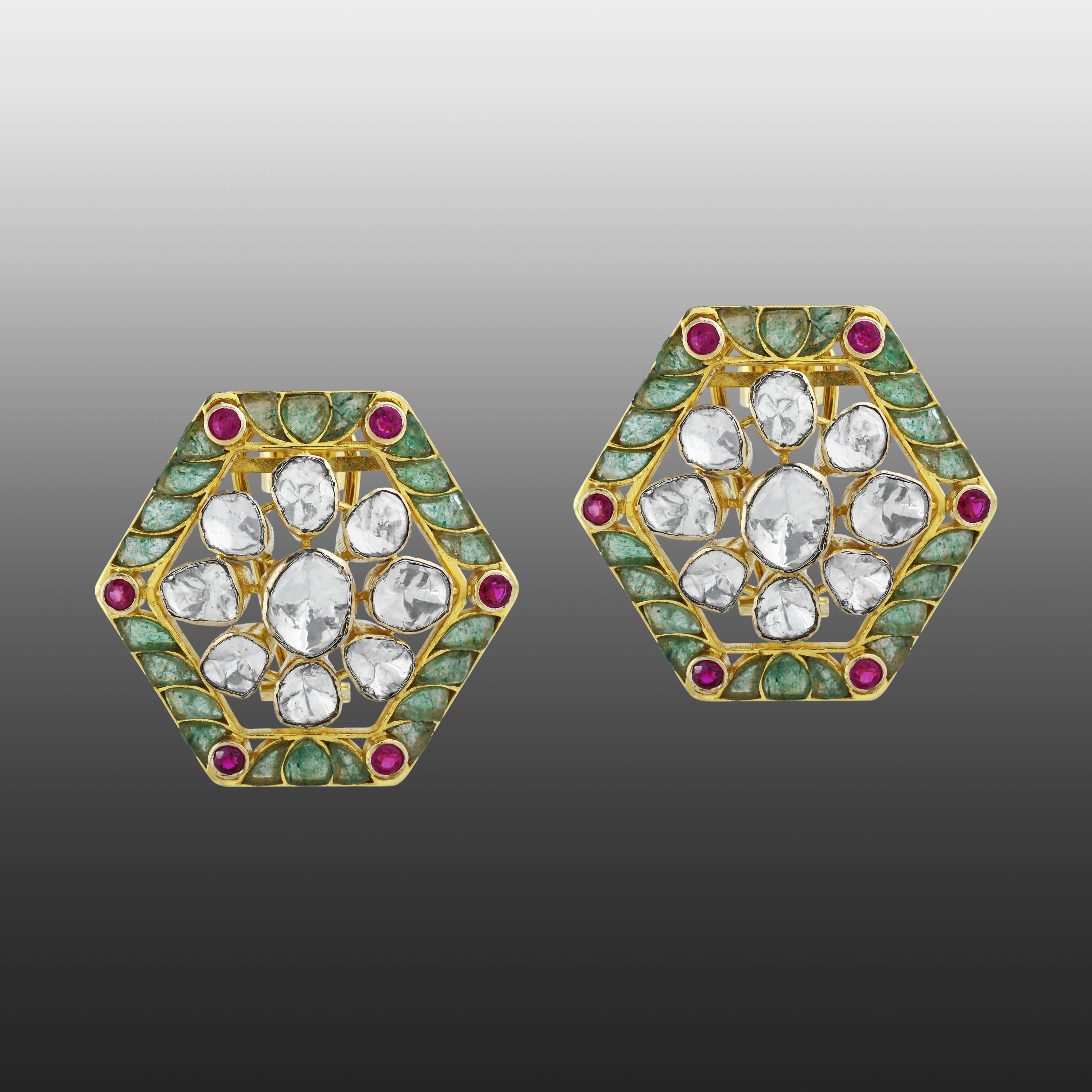 Geometric Hexagonal Earrings with Uncut Diamonds and Colourstone Talaf