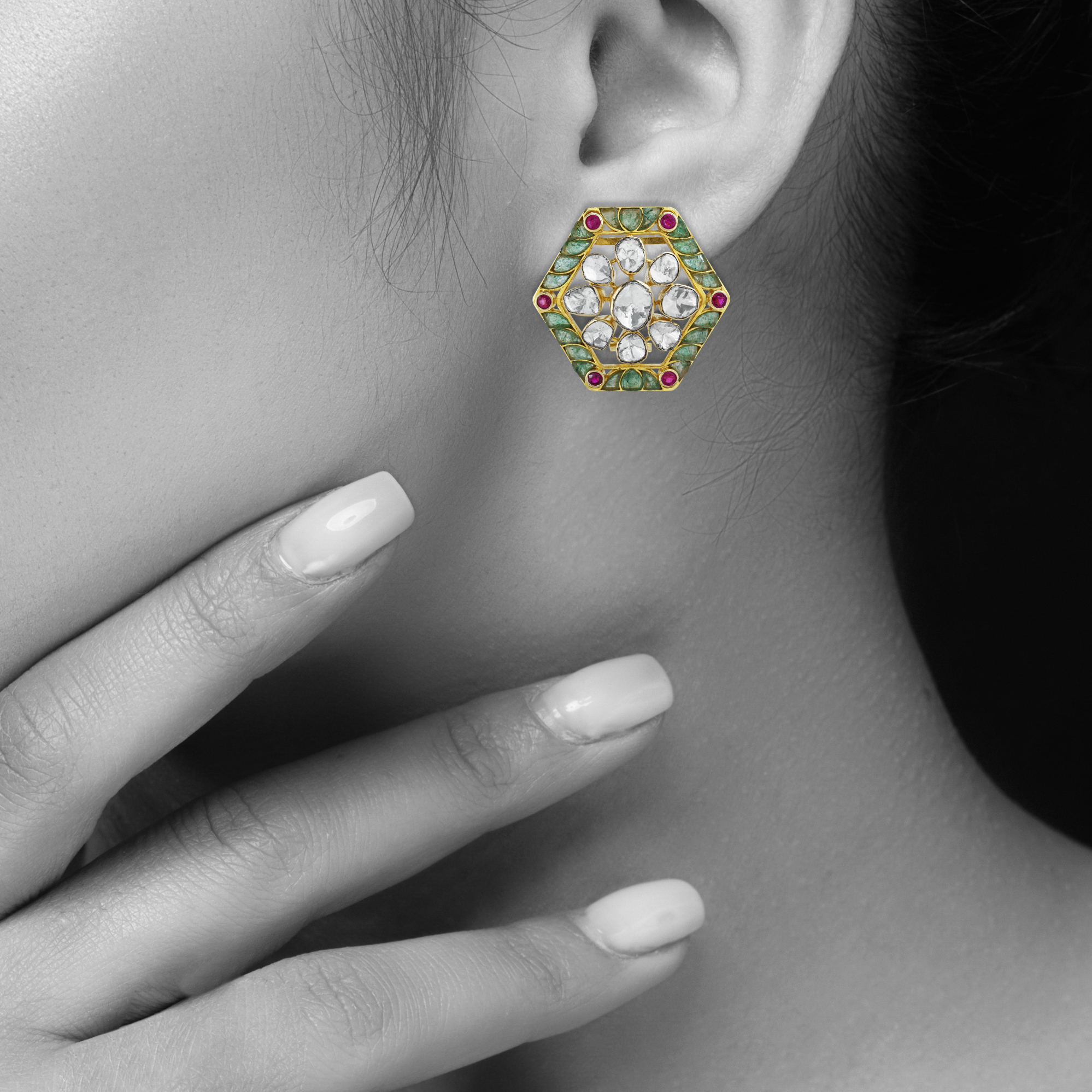 Geometric Hexagonal Earrings with Uncut Diamonds and Colourstone Talaf
