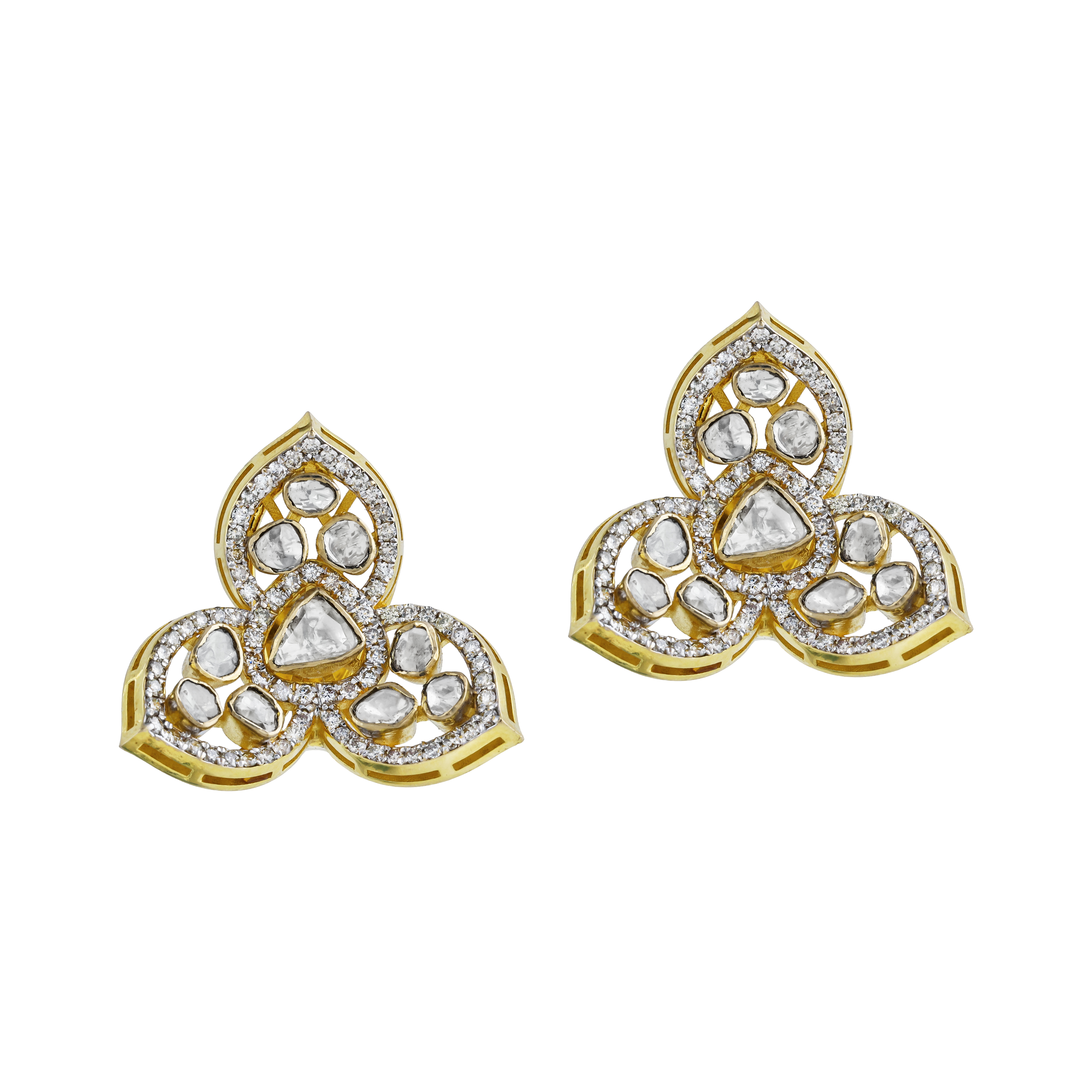 Clovershaped Uncut Diamond Earrings with Pave Diamond Frame
