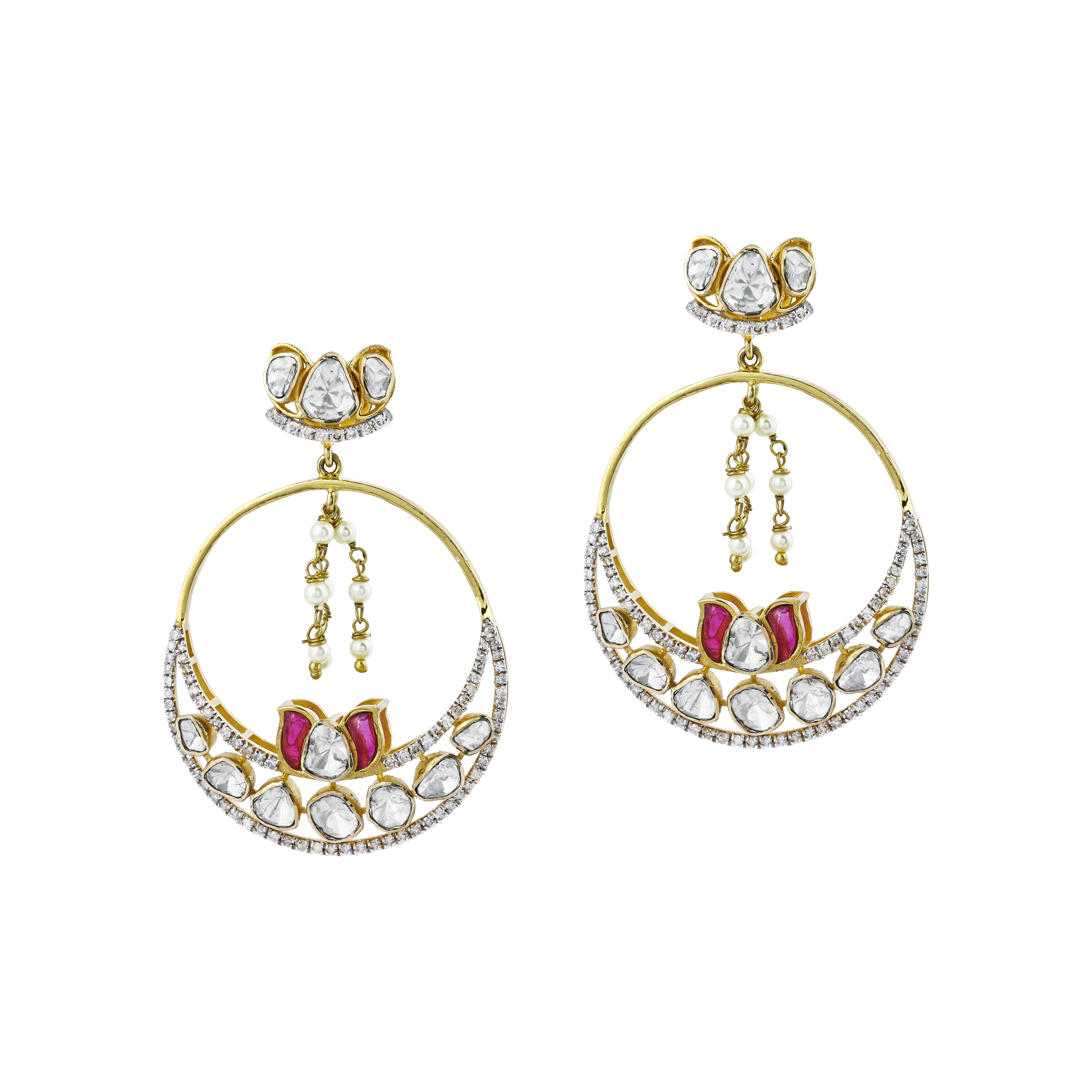 Floral Chandbali Earrings with Uncut Diamonds and Pearl Drops