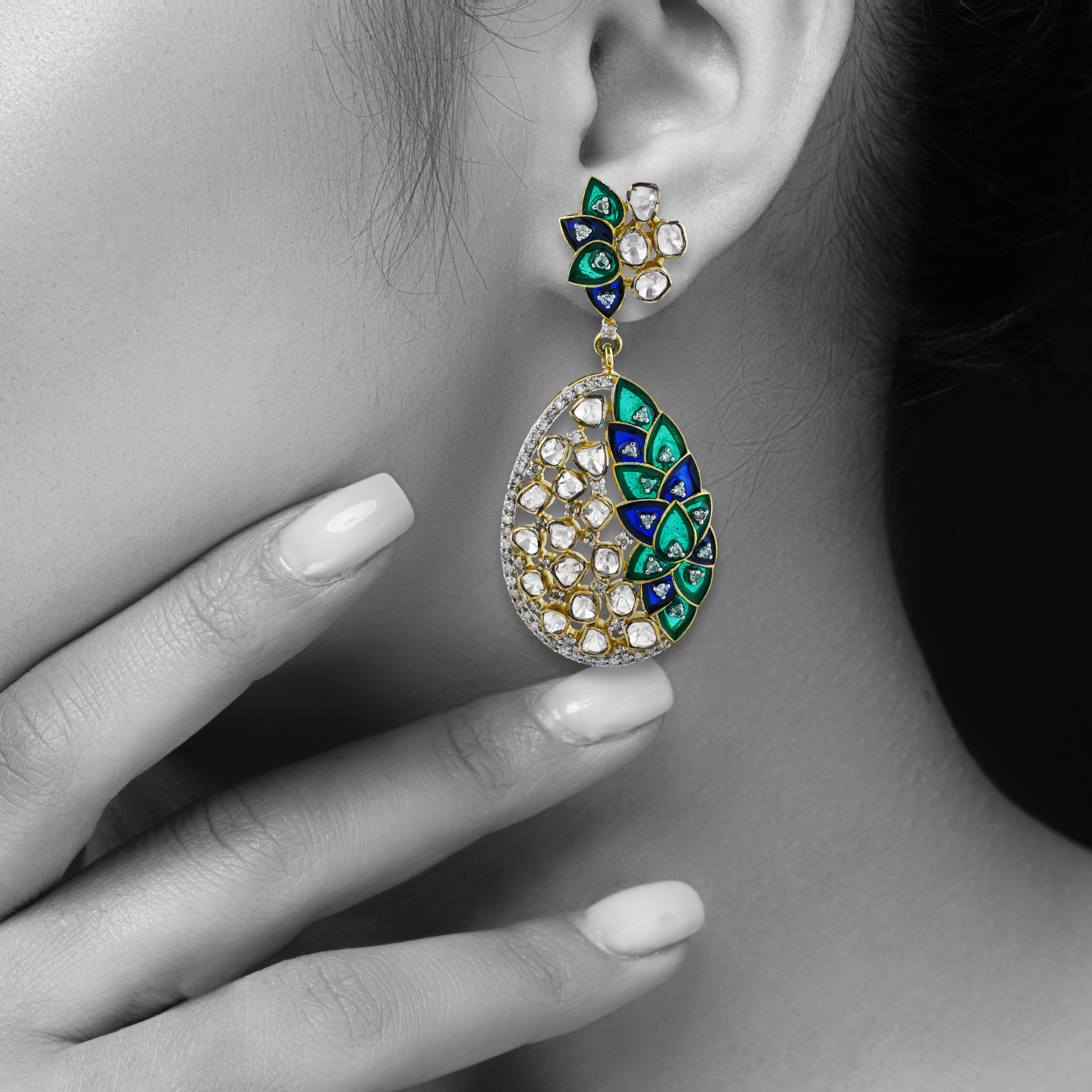 Earrings with Uncut Diamonds and Blue-Green Enamel
