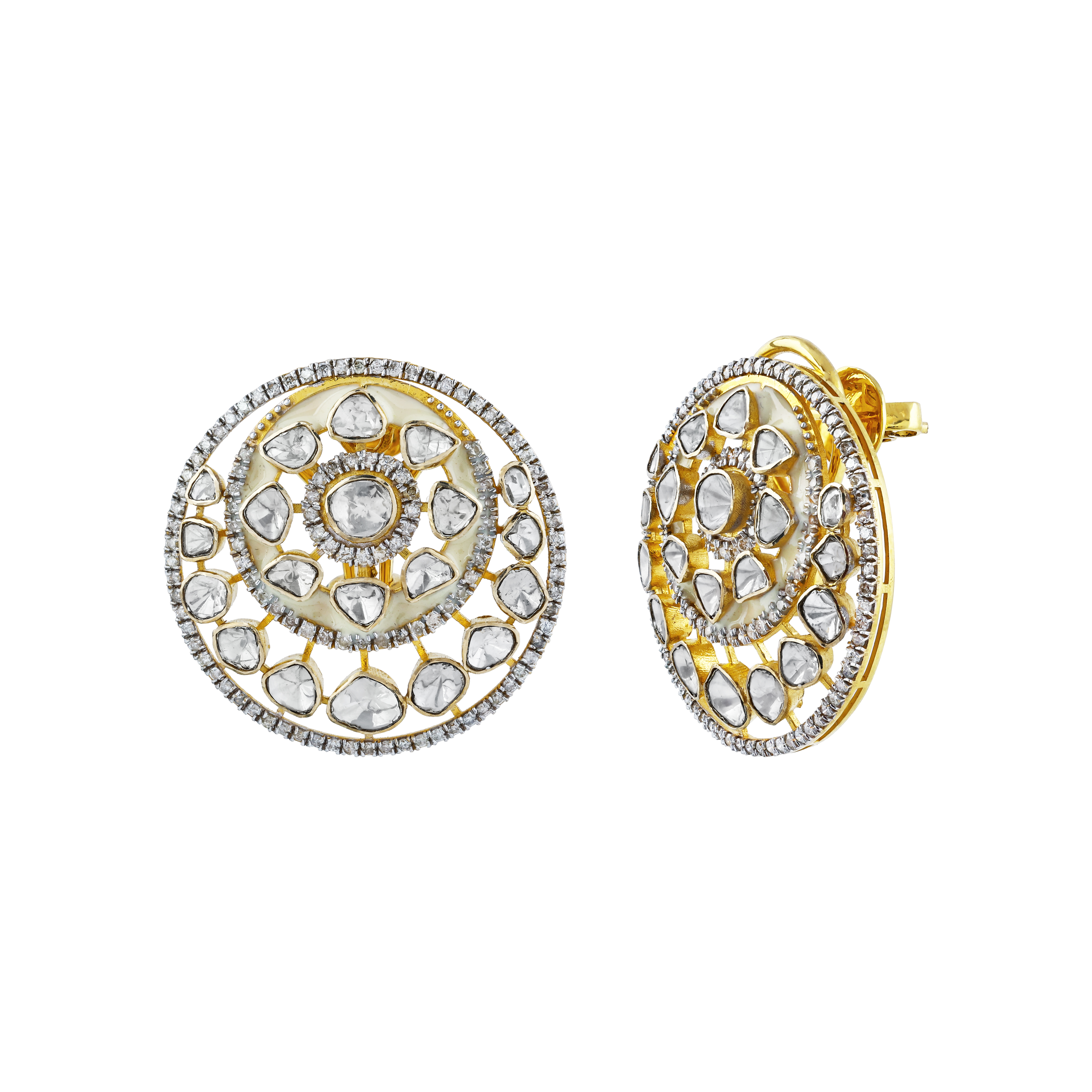 Round Polki Earrings with Cream Enamel and Full-Cut Diamond Border