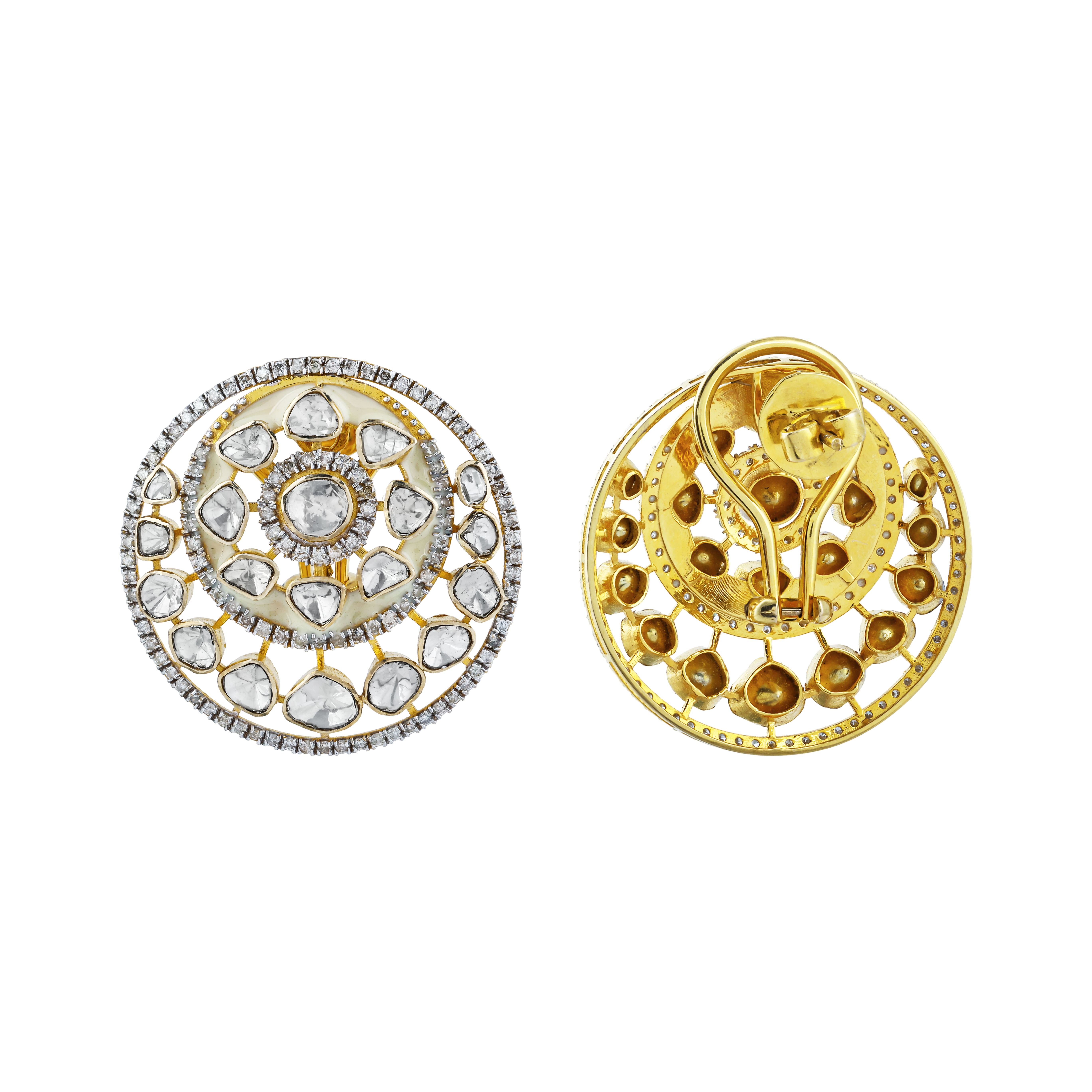 Round Polki Earrings with Cream Enamel and Full-Cut Diamond Border