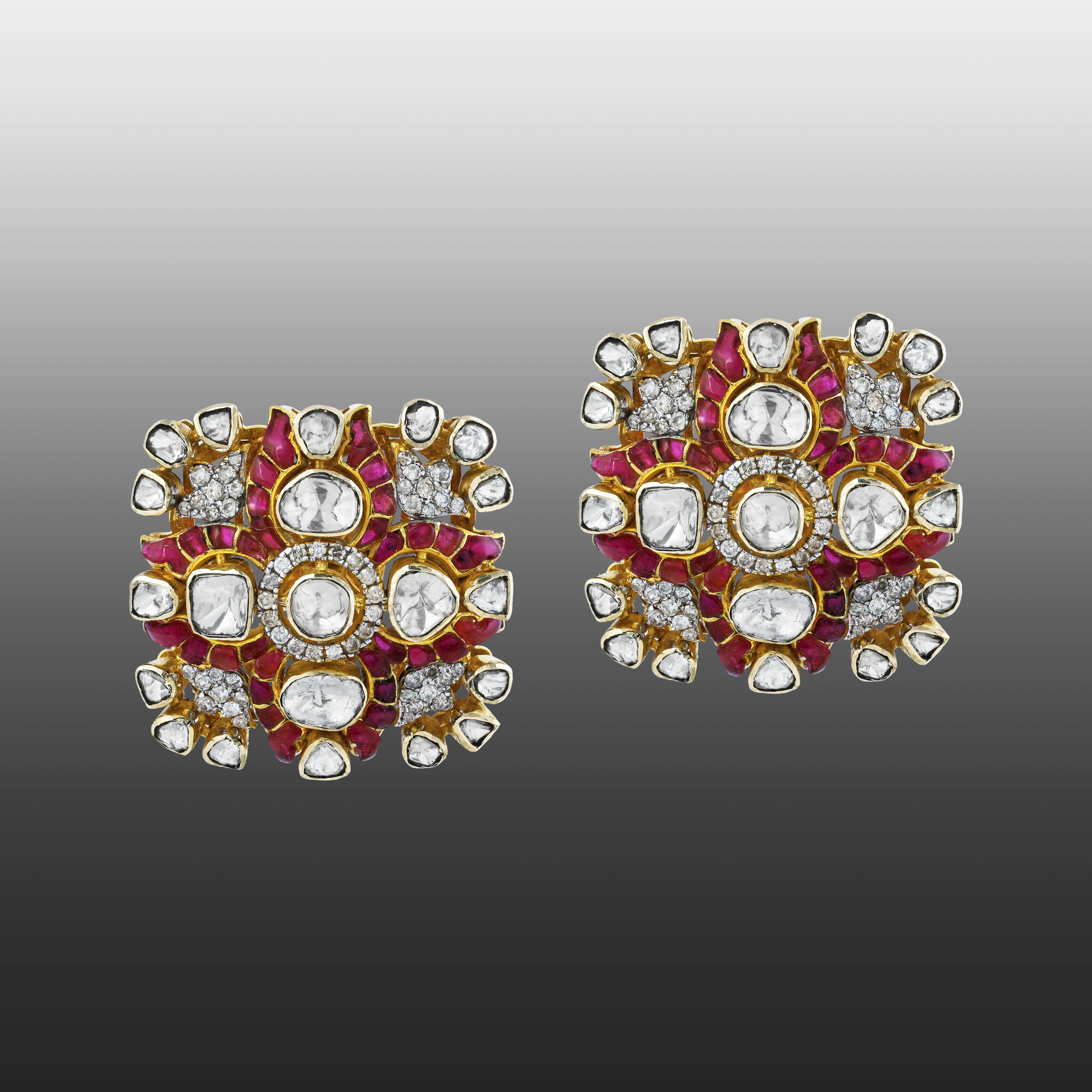 Square Polki Stud Earrings with Red Accents