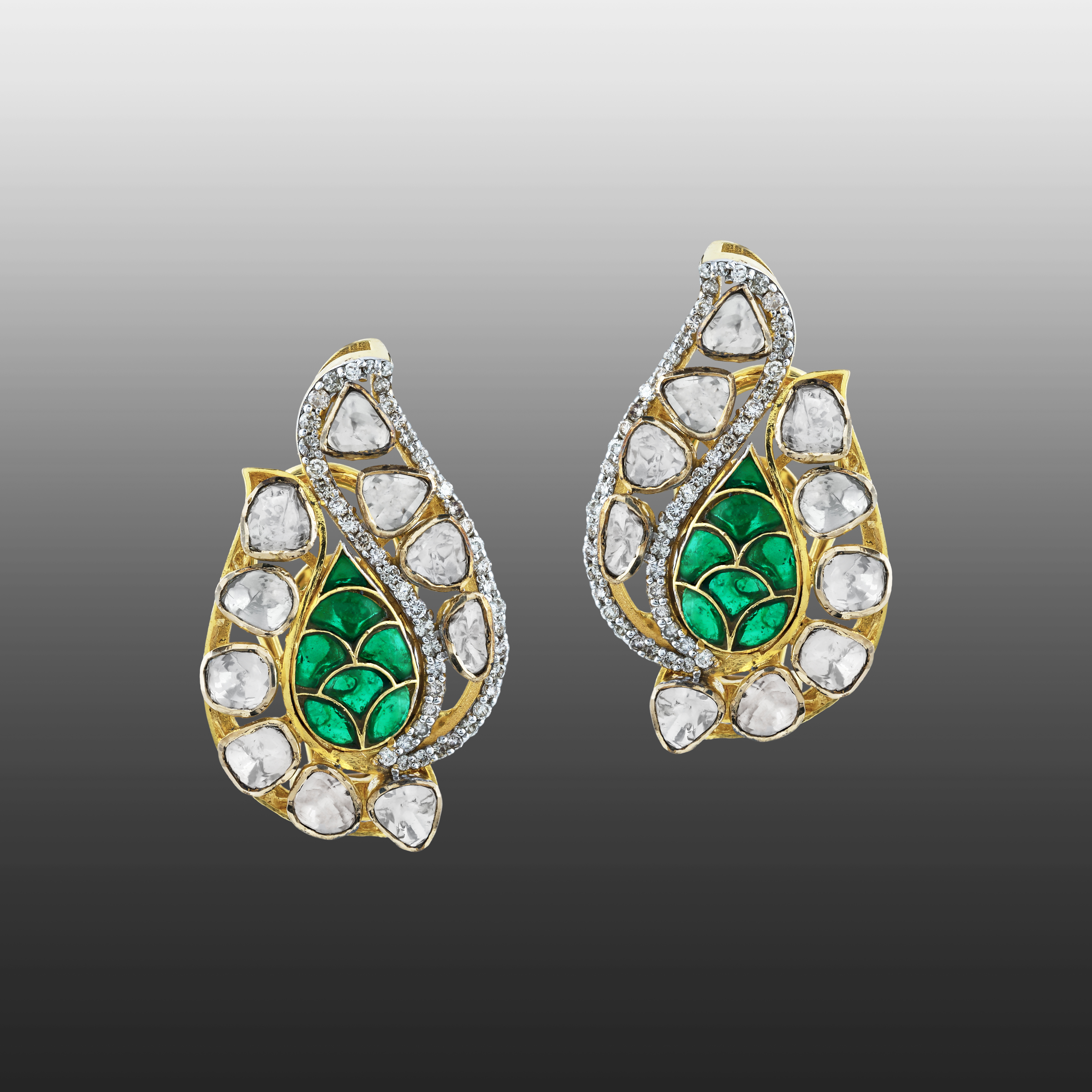 Leafy Earrings with Uncut Diamond Polki and Vibrant Green Accents