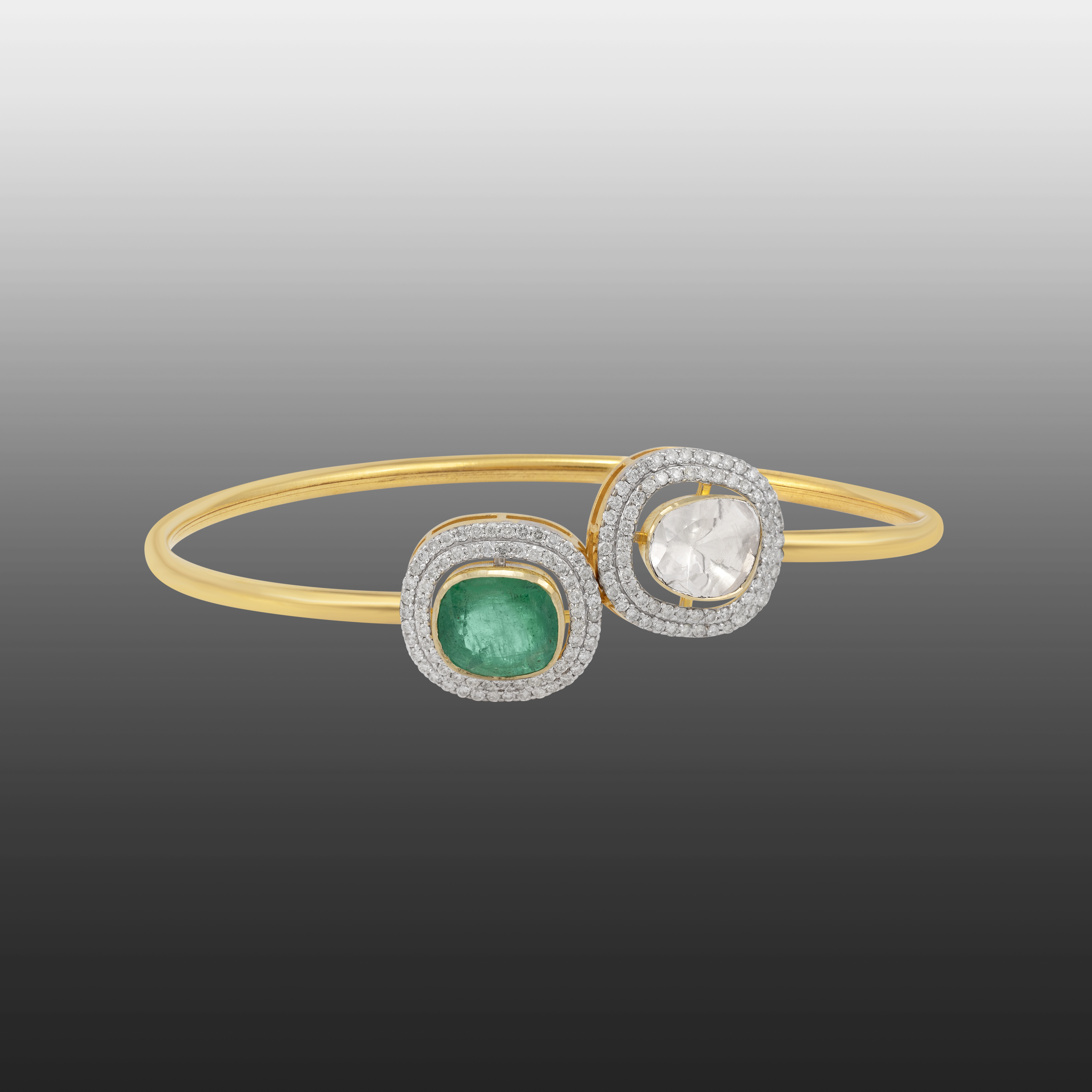 Dual Halo Emerald and Polki Diamond Cuff Bangle