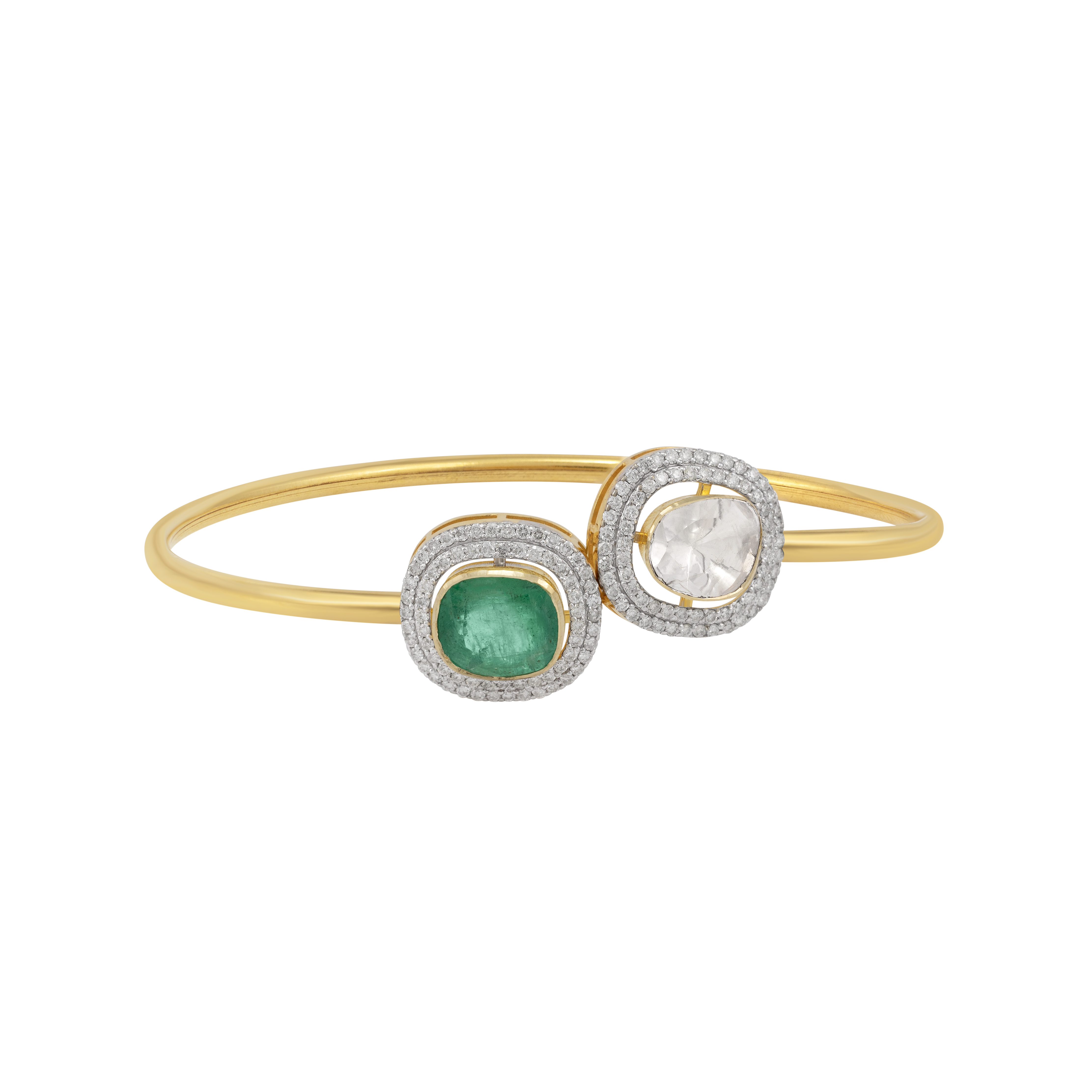 Dual Halo Emerald and Polki Diamond Cuff Bangle