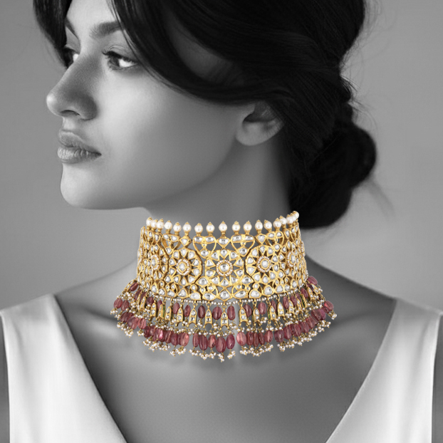 Polki Diamond Choker & Earrings with Pink Tourmaline Drops