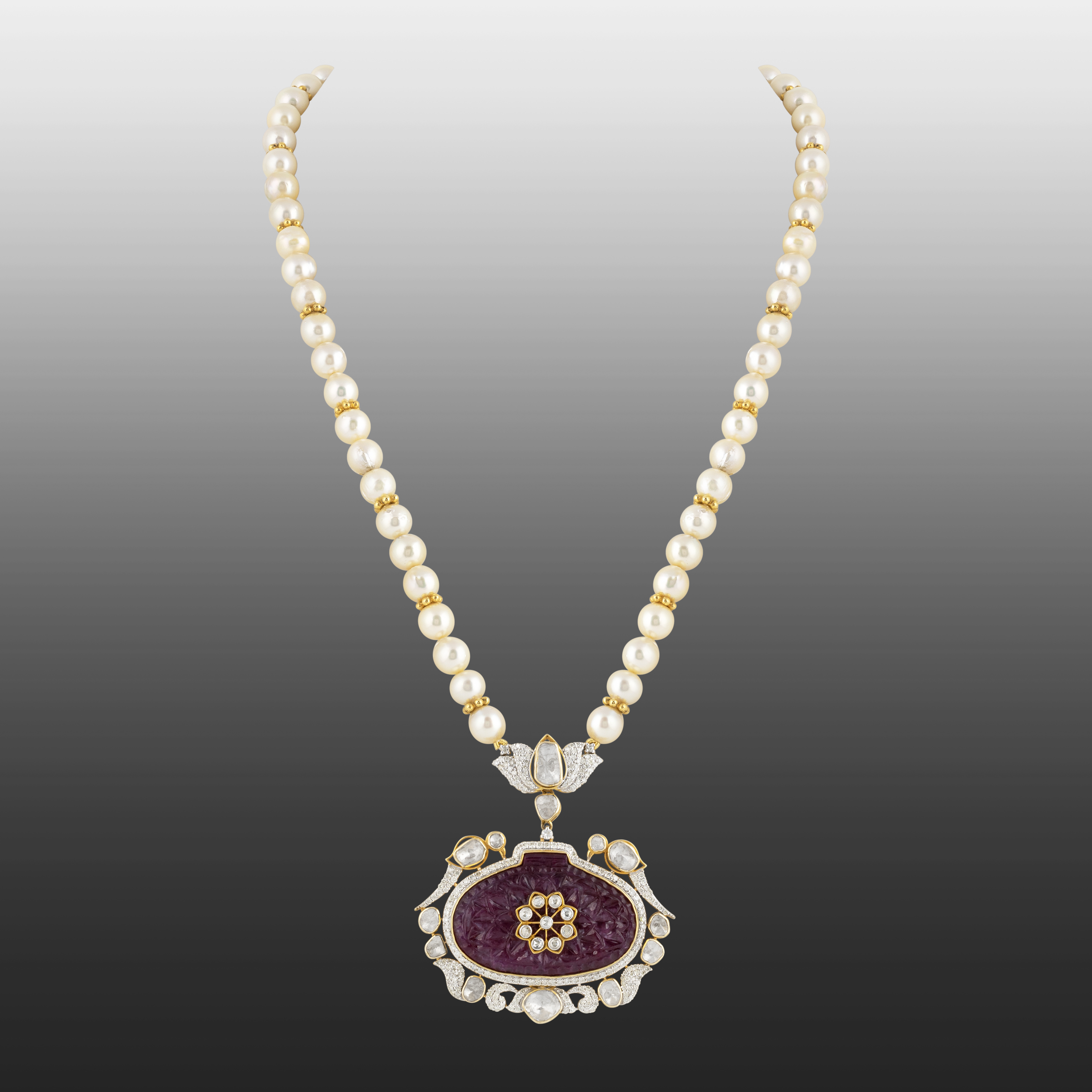 Carved Red Centerpiece Polki Pendant with Diamond Lotus & Pearls