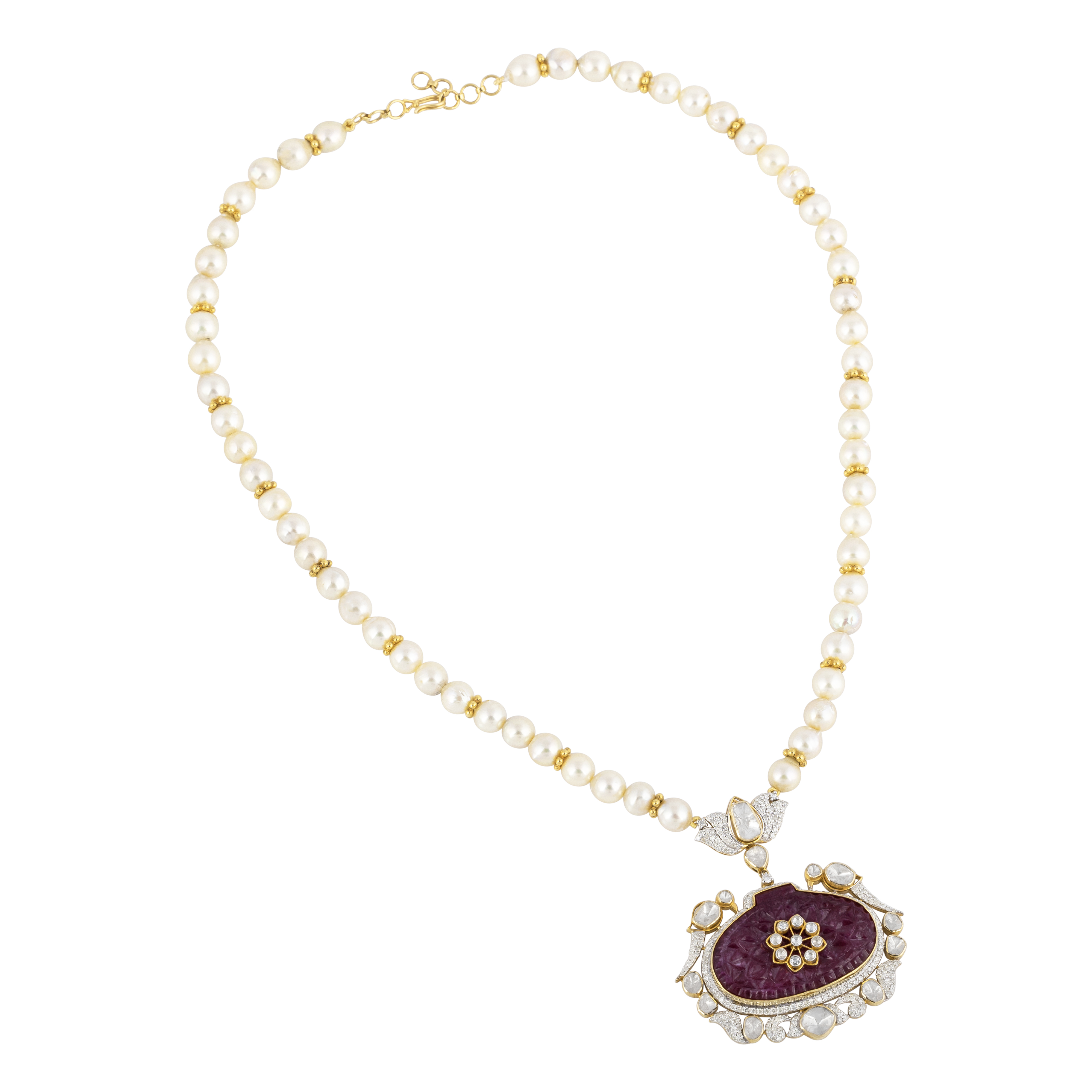 Carved Red Centerpiece Polki Pendant with Diamond Lotus & Pearls
