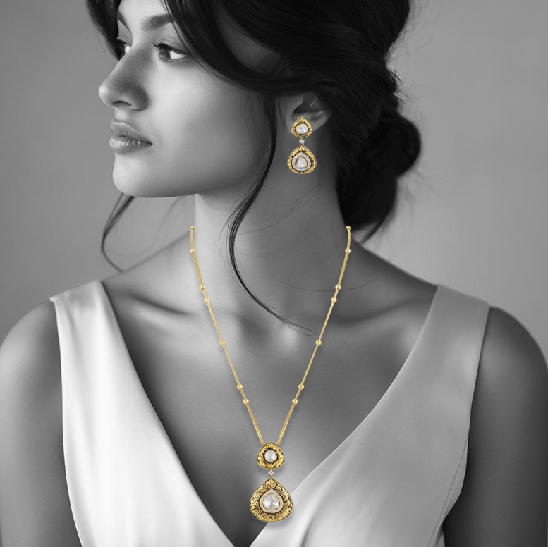 Double-Tiered Uncut Diamond Polki Pendant with Partash Work