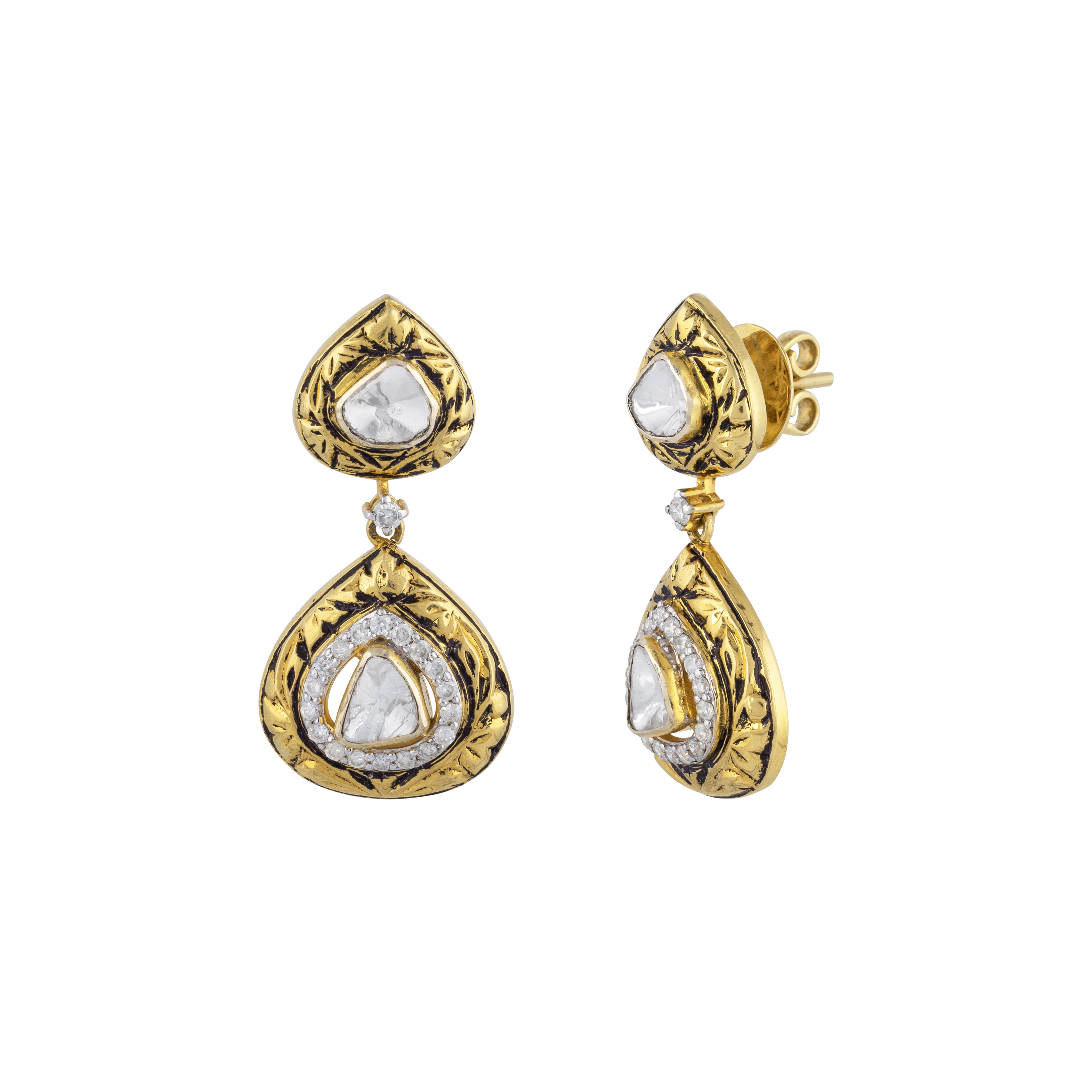 Teardrop Uncut Diamond Polki Earrings with Partash Gold Detailing